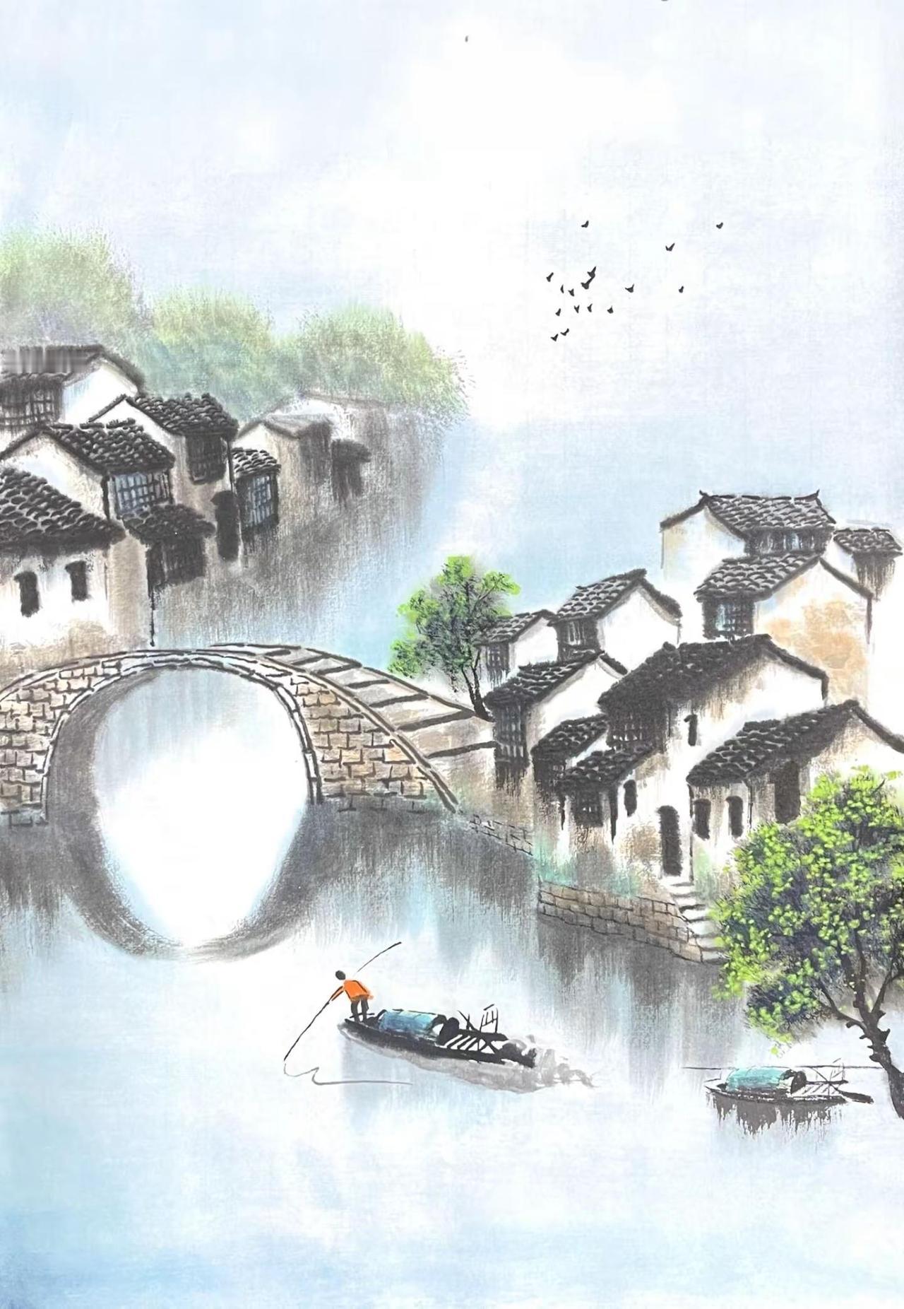 墨染江南。水墨山水水乡诗意画山水成画国画乡村山水创作