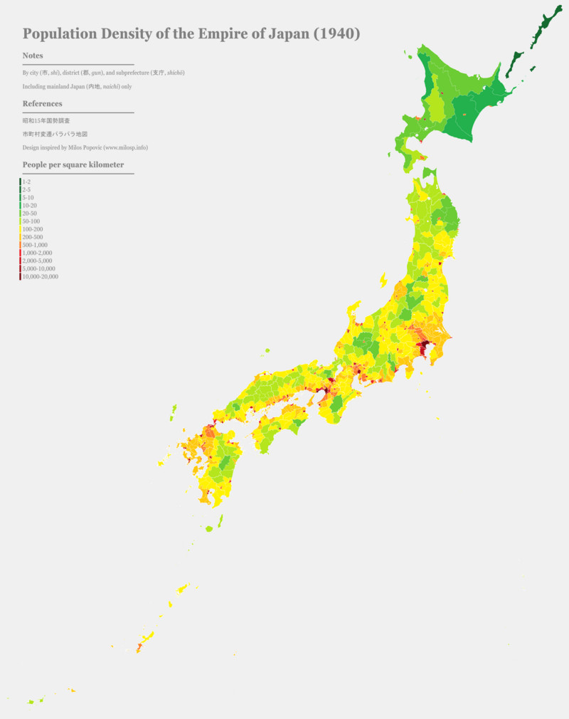 1940年（昭和15年）。日本内地的人口密度​​​