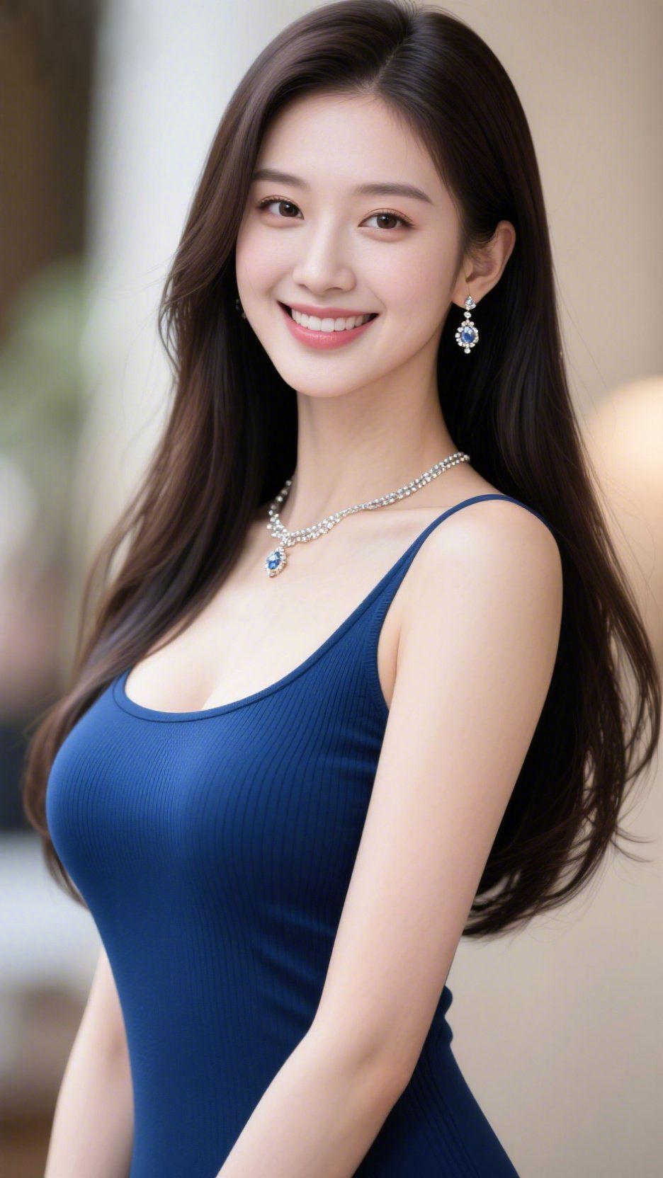 《蓝裙柔宁》柔光里，她的笑意轻落在眉眼间——是裹着温煦的舒展，连神情都浸着