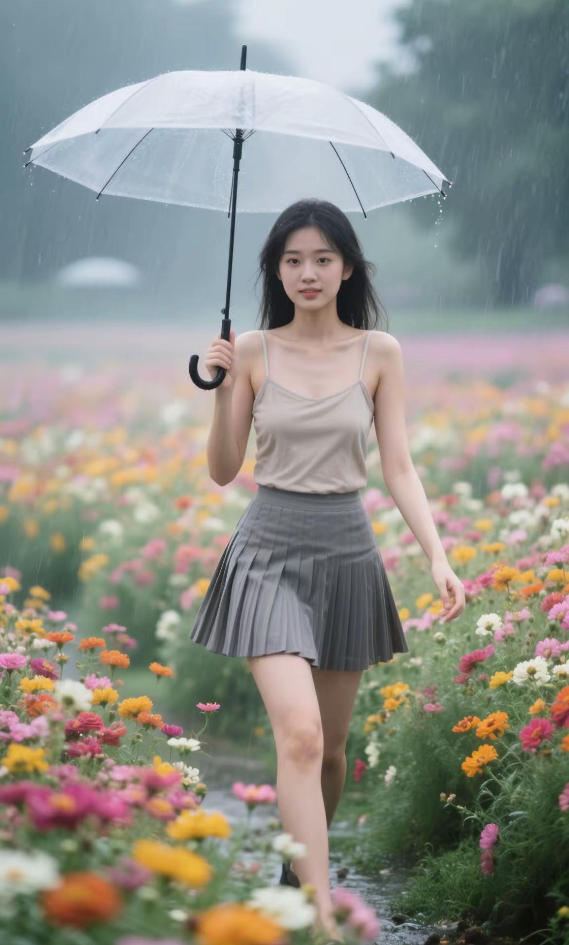 雨中漫步，撑伞漫步花丛间。春天雨中风景雨中花朵