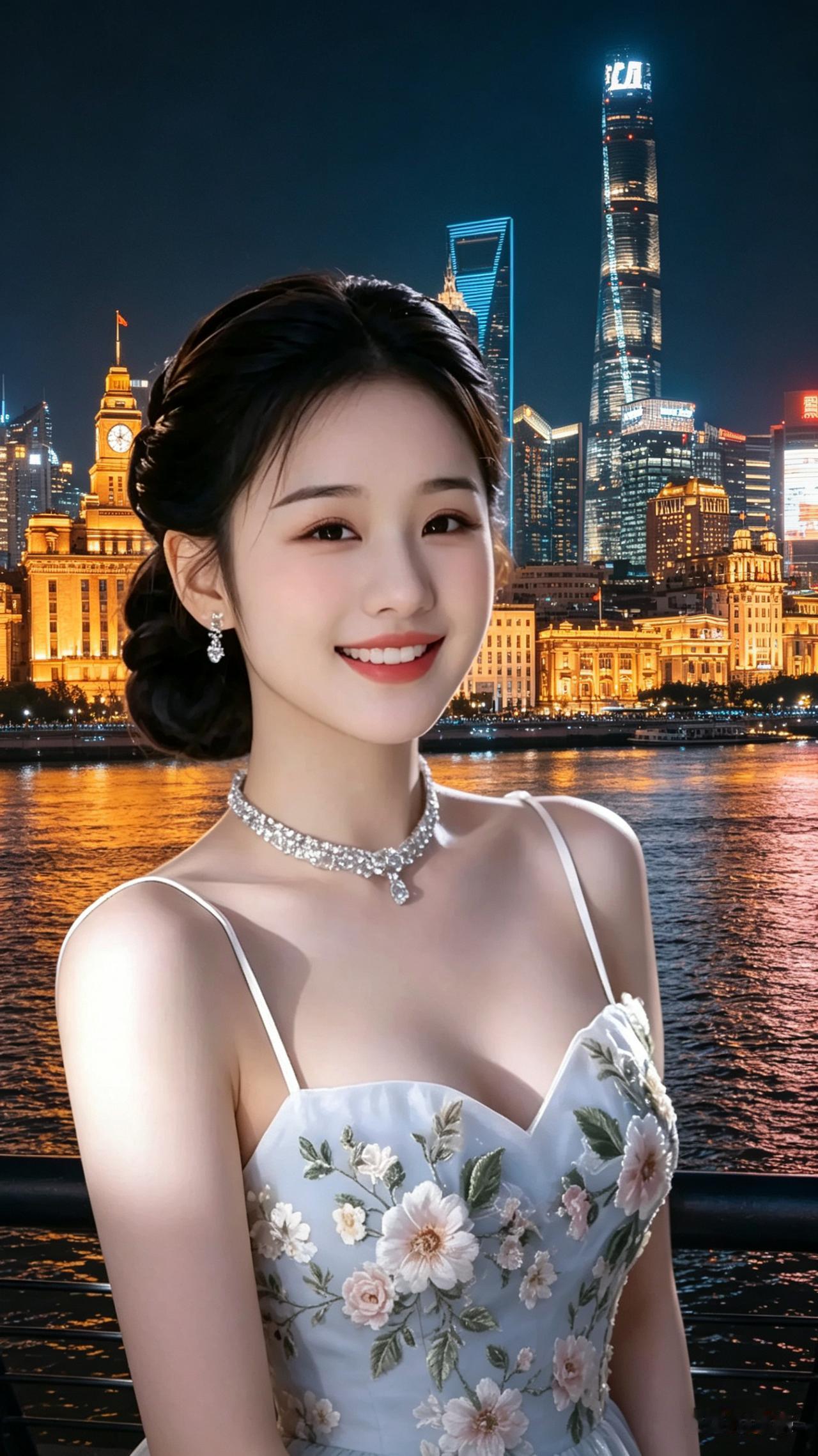 浦江夜艳浦江灯火耀云天，倩影亭亭立岸边。盘发柔婉容颜俏，珠饰流光映玉颜。
