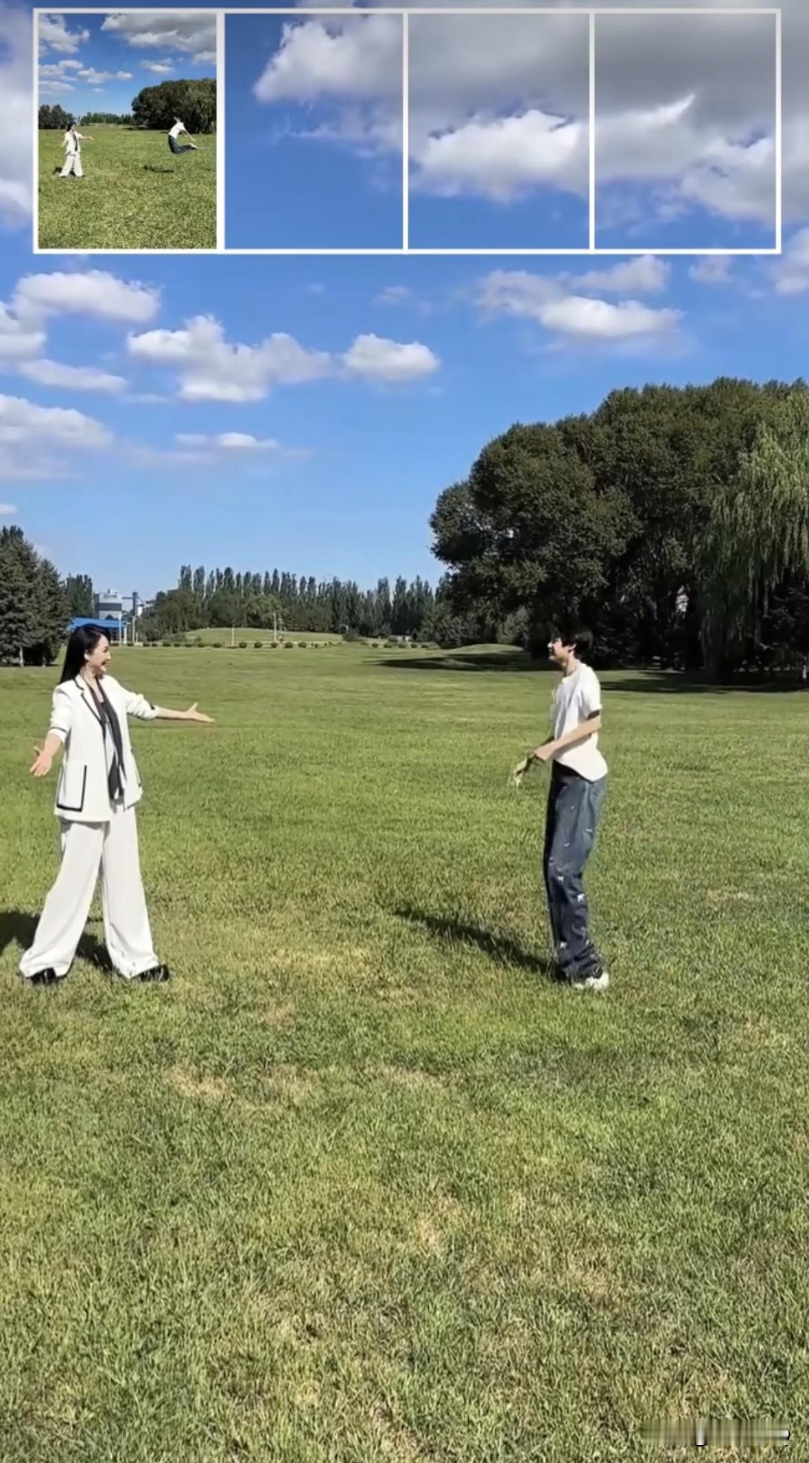 曹颖和儿子王子合拍视频，王子的头身比简直了，腿好长啊。