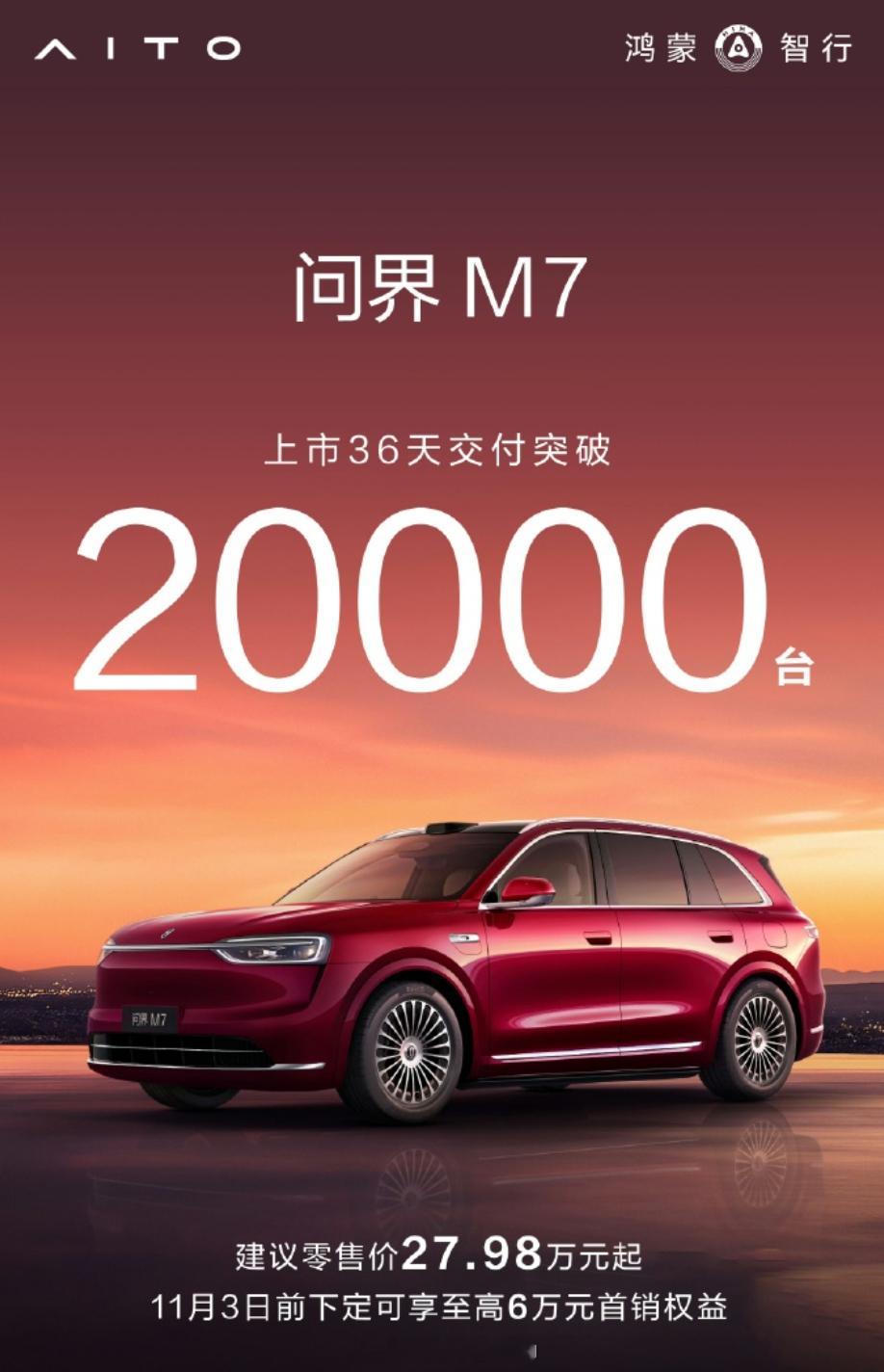 全新问界M7上市36天交付破20,000辆本月17日，全新问界M7汽车上市