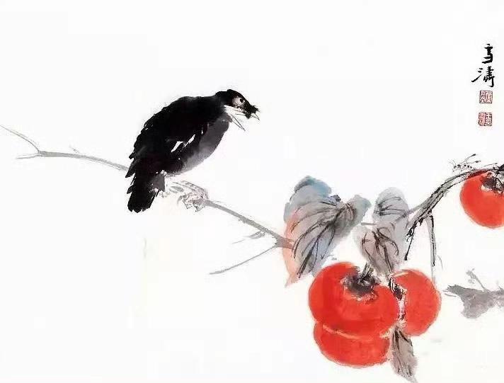  国画里的柿子一红，就把整年的好彩头都挂上了！枝头那抹艳红沉甸甸的，藏着“柿柿平