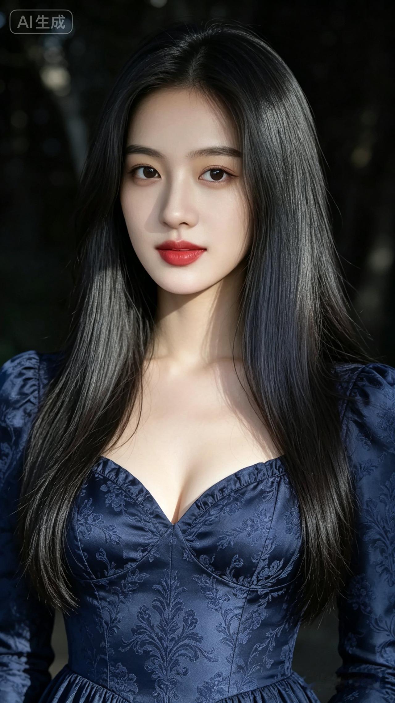 优雅蓝裙，红唇轻启，宛如森林中的仙子。