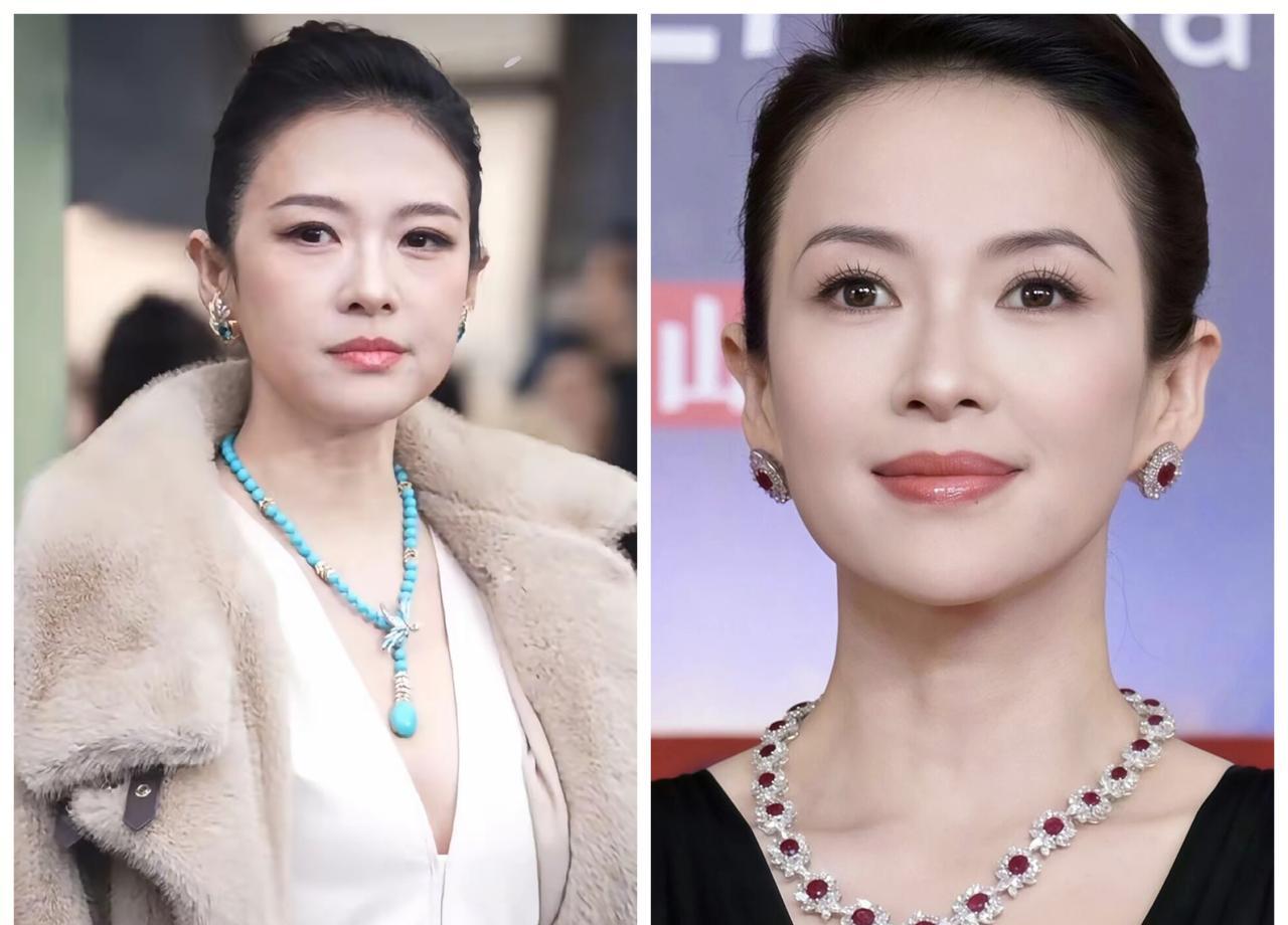 镜头一怼，章子怡的脸不再是当年那种“刀锋感”：颧骨没那么抢戏了，面颊更饱满，皮肤