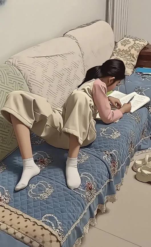 沙发上，小女孩以独特姿势认真书写