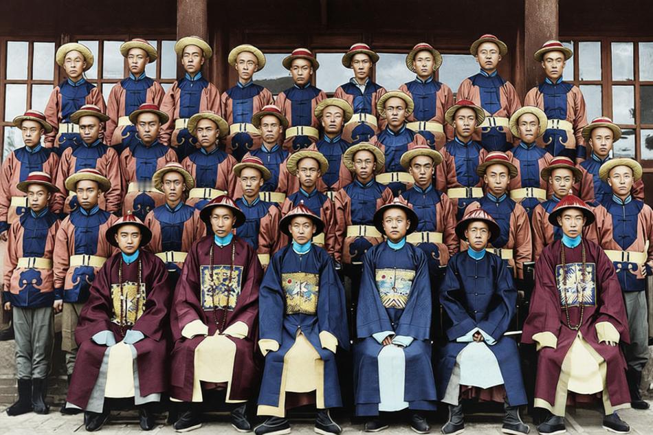 1907年，清末老照片，山西大学堂，即将赴日本留学的学生与教师合影。照片中，约