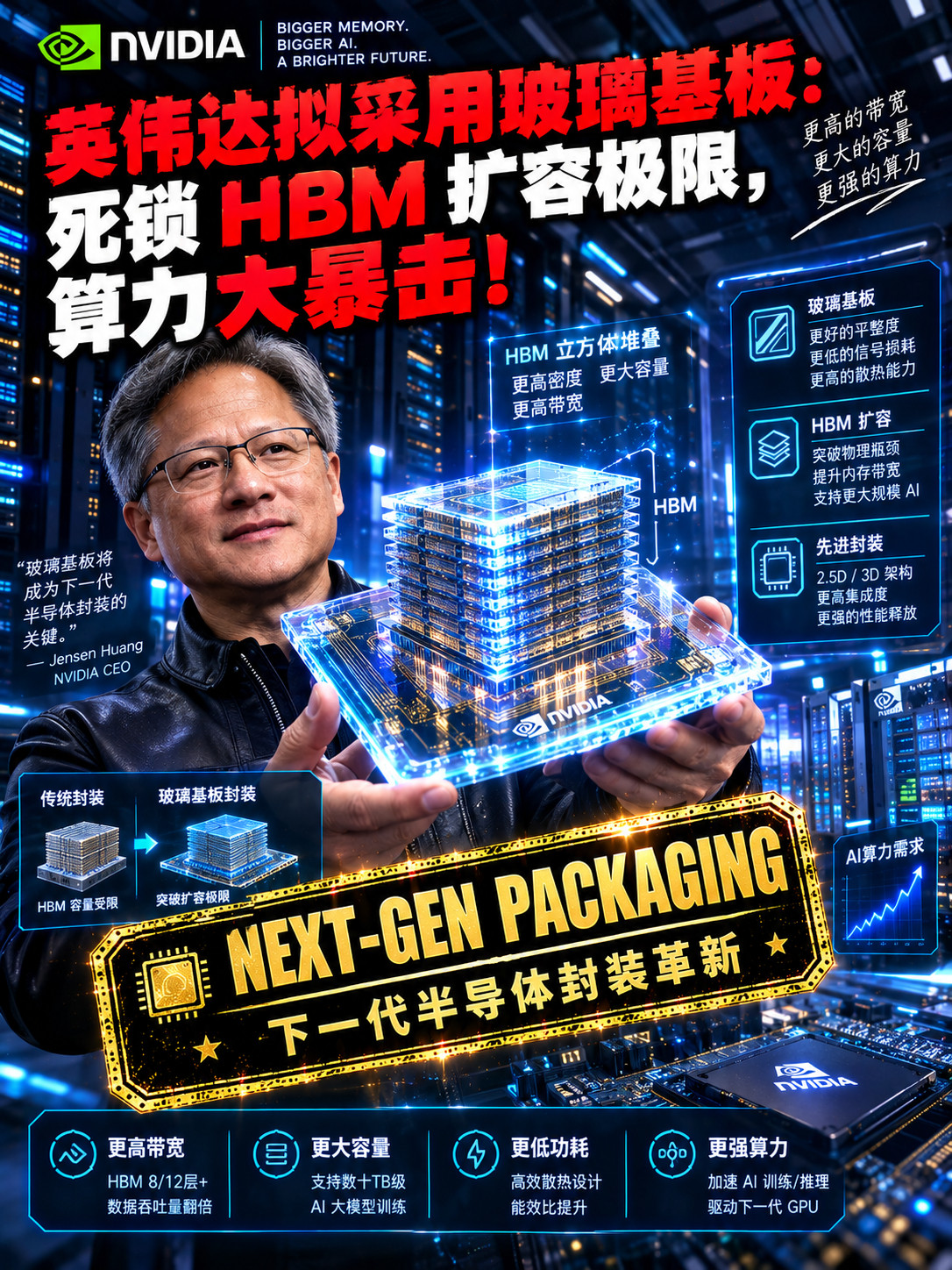 英伟达衡量换玻璃基板智能芯片堆叠更多HBM​​​