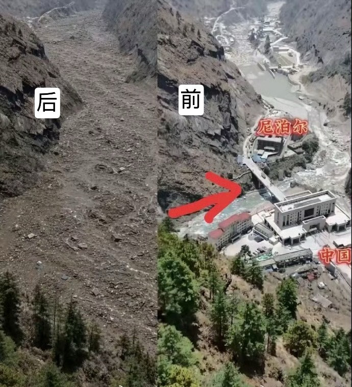 吉隆口岸联检大楼被毁“地崩山摧之后，一切都不复存在。航拍和卫星照片确认边境两侧的