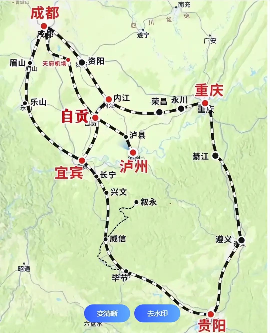 川渝黔西南三地的这铁路环线看出来泸州与自贡这两个中间的最不受待见的是泸州了呢！