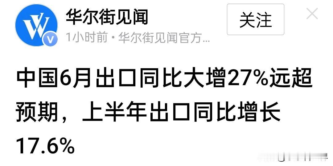 中国硬实力已无可阻挡了:六月份出口同比大增27%。中美正悄悄地完成了战略利益