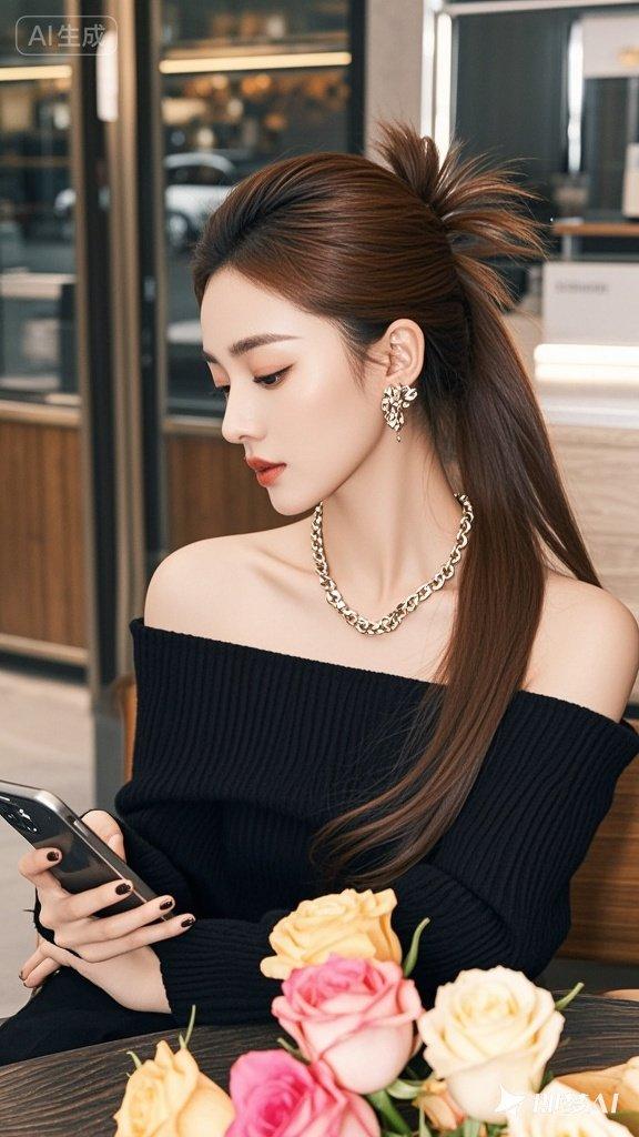 棕色高马尾长头发，黑色露肩毛衣，戴着项链，耳环，美女惬意的神态