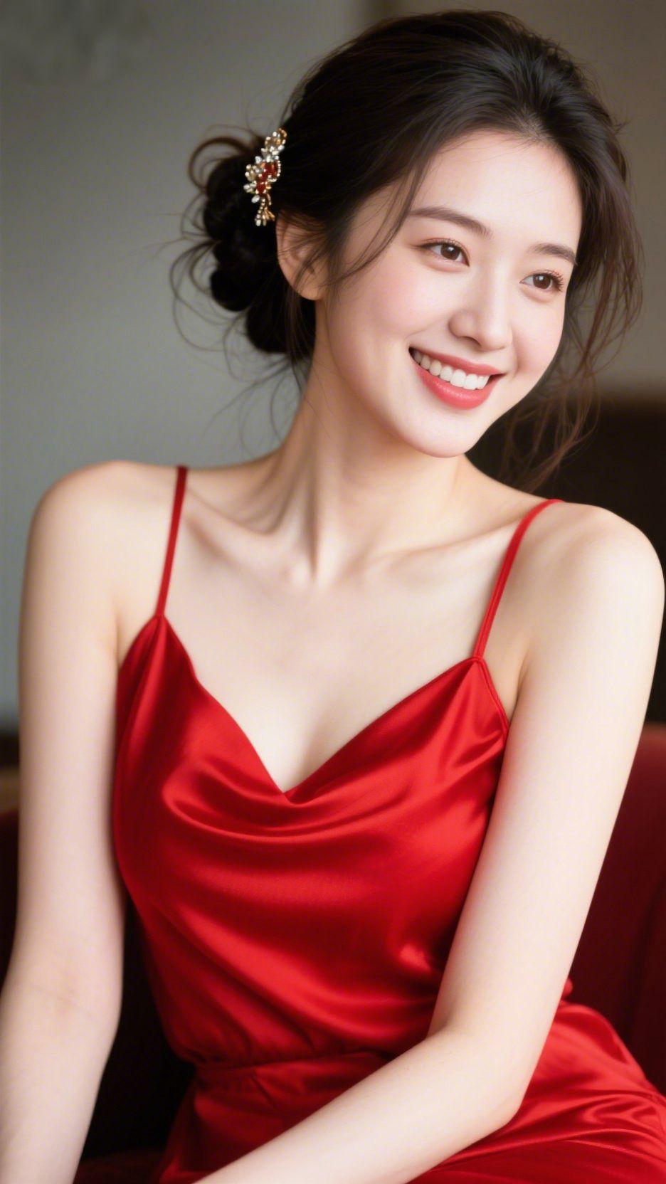 红裙栖暖室柔光中暖光漫过软榻，她抬眸时，红裙裹着缎面的柔，细带轻垂如碎落的