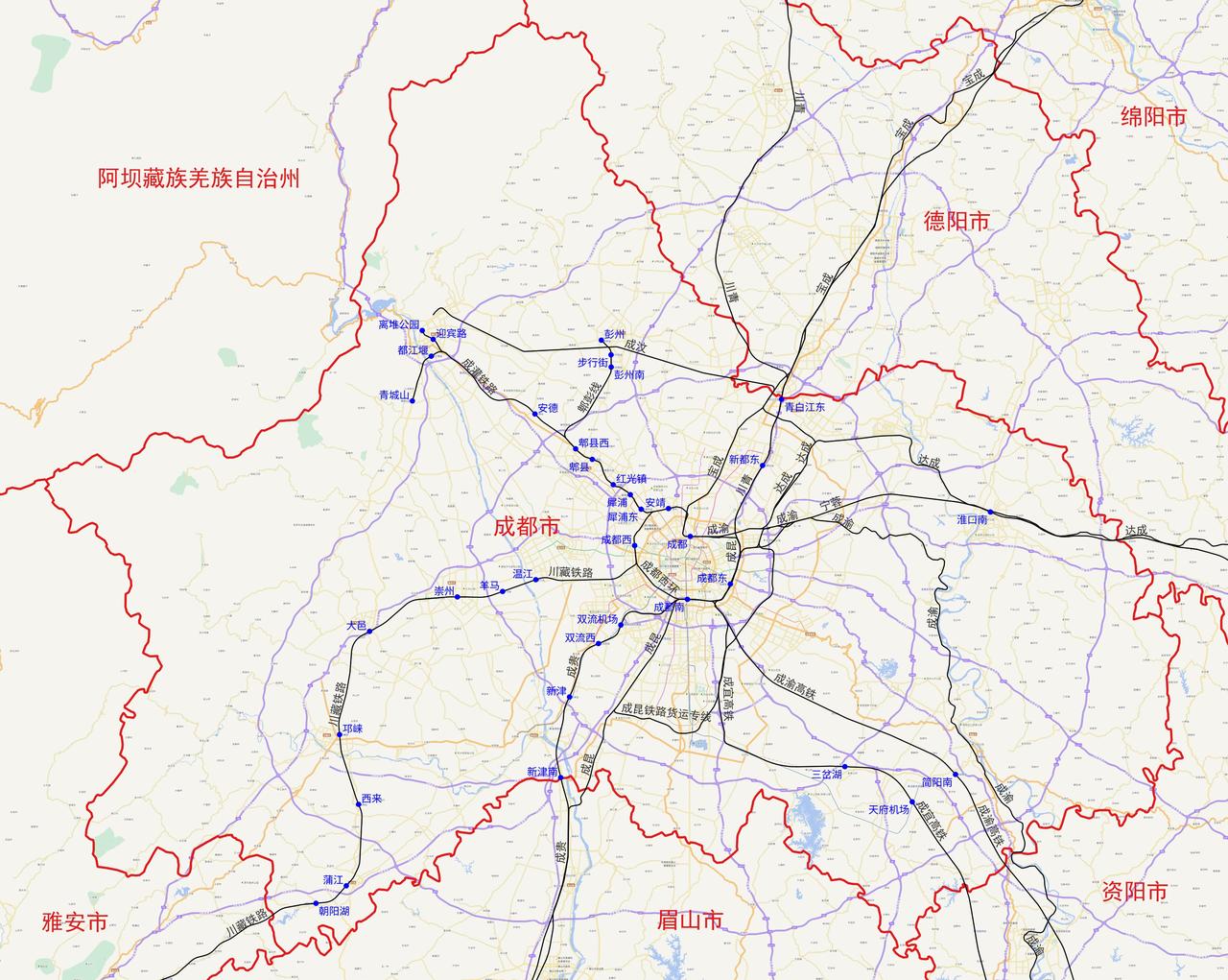 四川省成都市铁路及客运站分布图根据铁路12306数据，四川省成都市目前有以下3