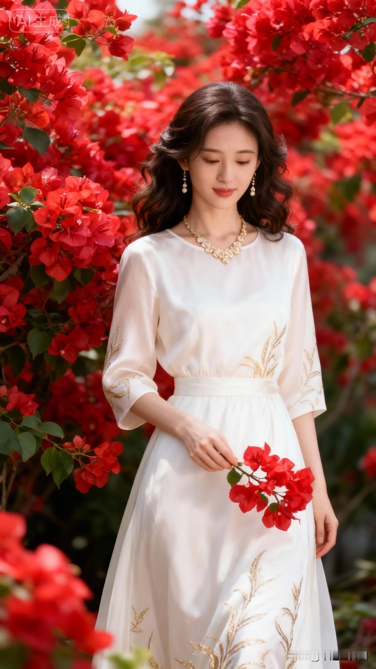 在花海中，她宛如仙子，金色的裙摆与红艳的花朵相映成趣。