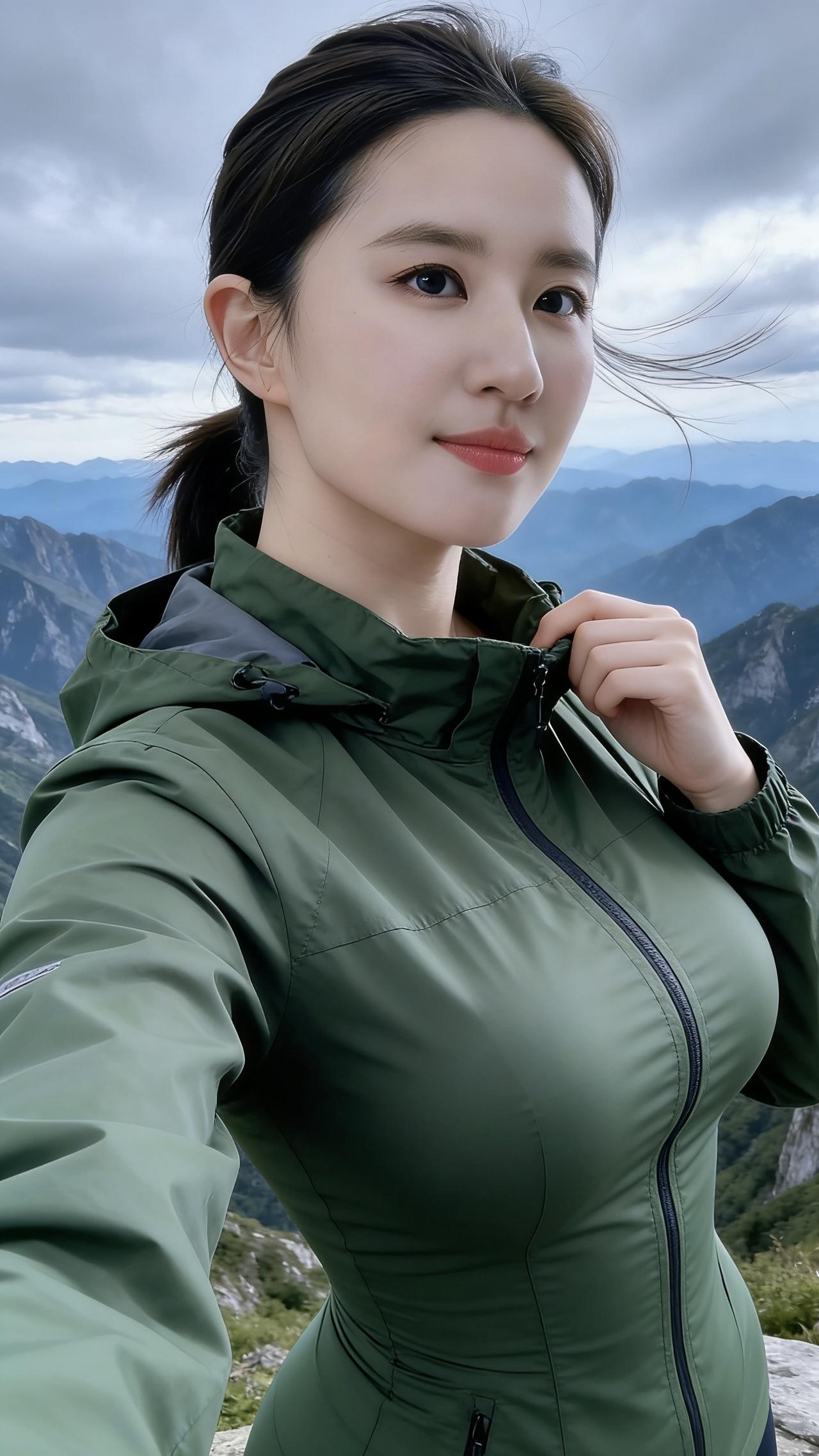 山风掠过发梢，她站在崖边，身后是层叠的黛色山峦与翻涌的云。冲锋衣的拉链在风里轻响