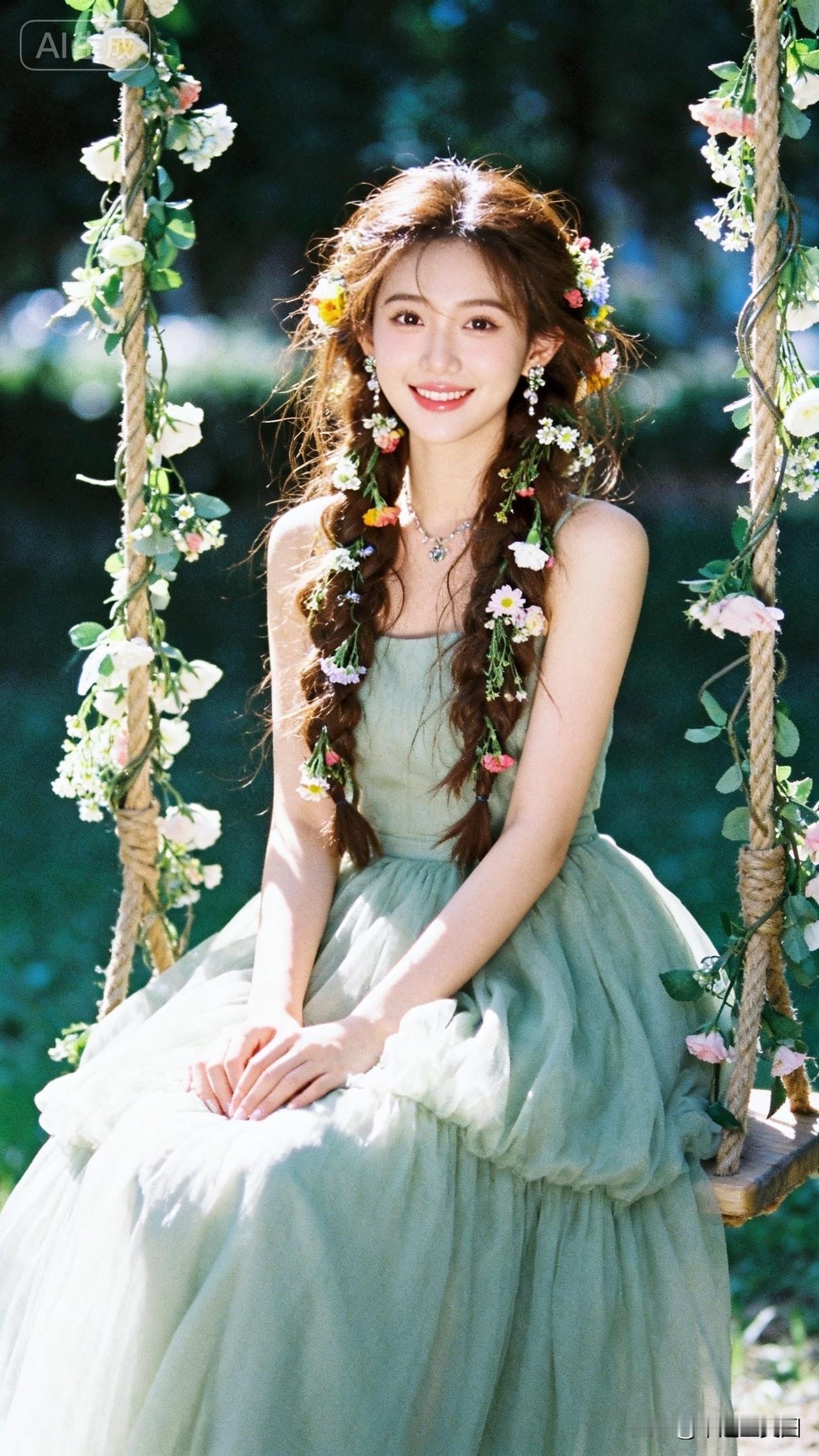 梦幻花环少女，荡秋千的甜美时光🌸💐🌼