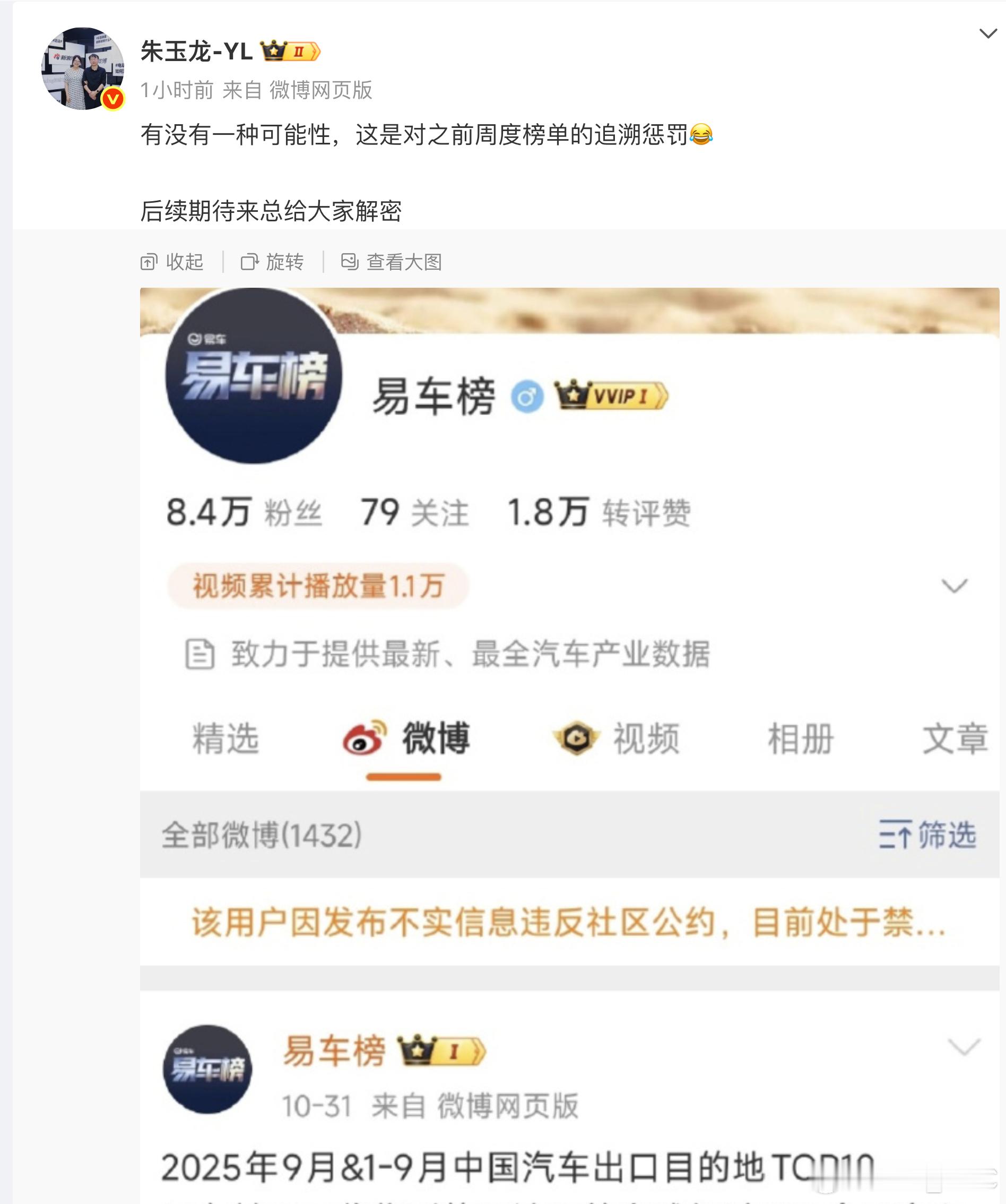 易车榜因为发布「不实信息」被禁言。难道真是周榜惹的祸么？​​​