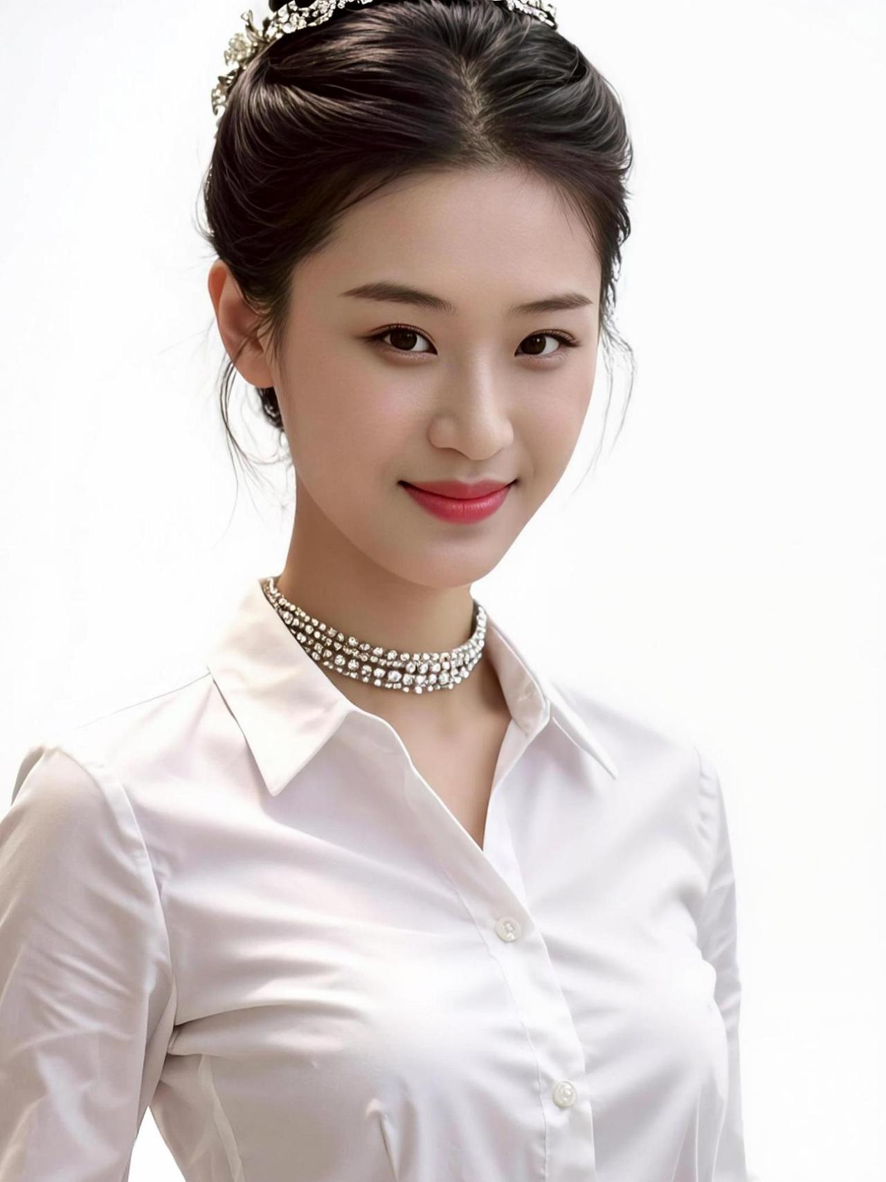 晨光轻抚过领口的珍珠，像一串未诉尽的低语。白衬衫的褶皱里藏着通勤的静谧，妆容如雾