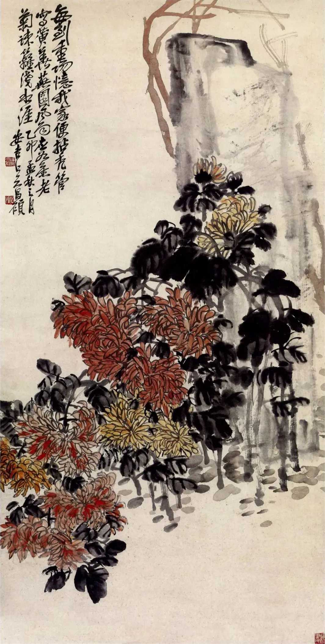 吴昌硕在绘画、书法、篆刻上都是旗帜性人物，在诗文、金石等方面均有很高的造诣。在绘