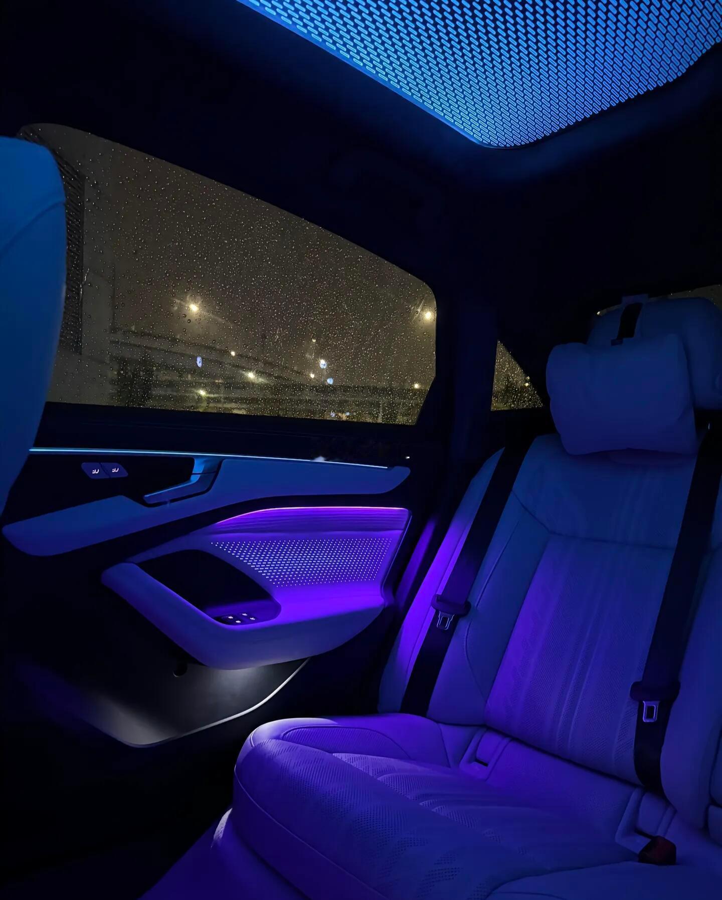 全新A6L交互式灯带，首创的发光门板，表面灯光及轮廓灯光，前排座椅背部的金属发光