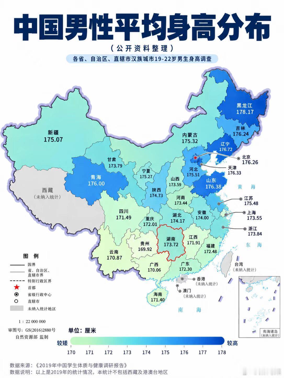 各省男性平均身高分布图，你达标了吗仅统计了年龄段19~22岁，也就是说大学本科阶