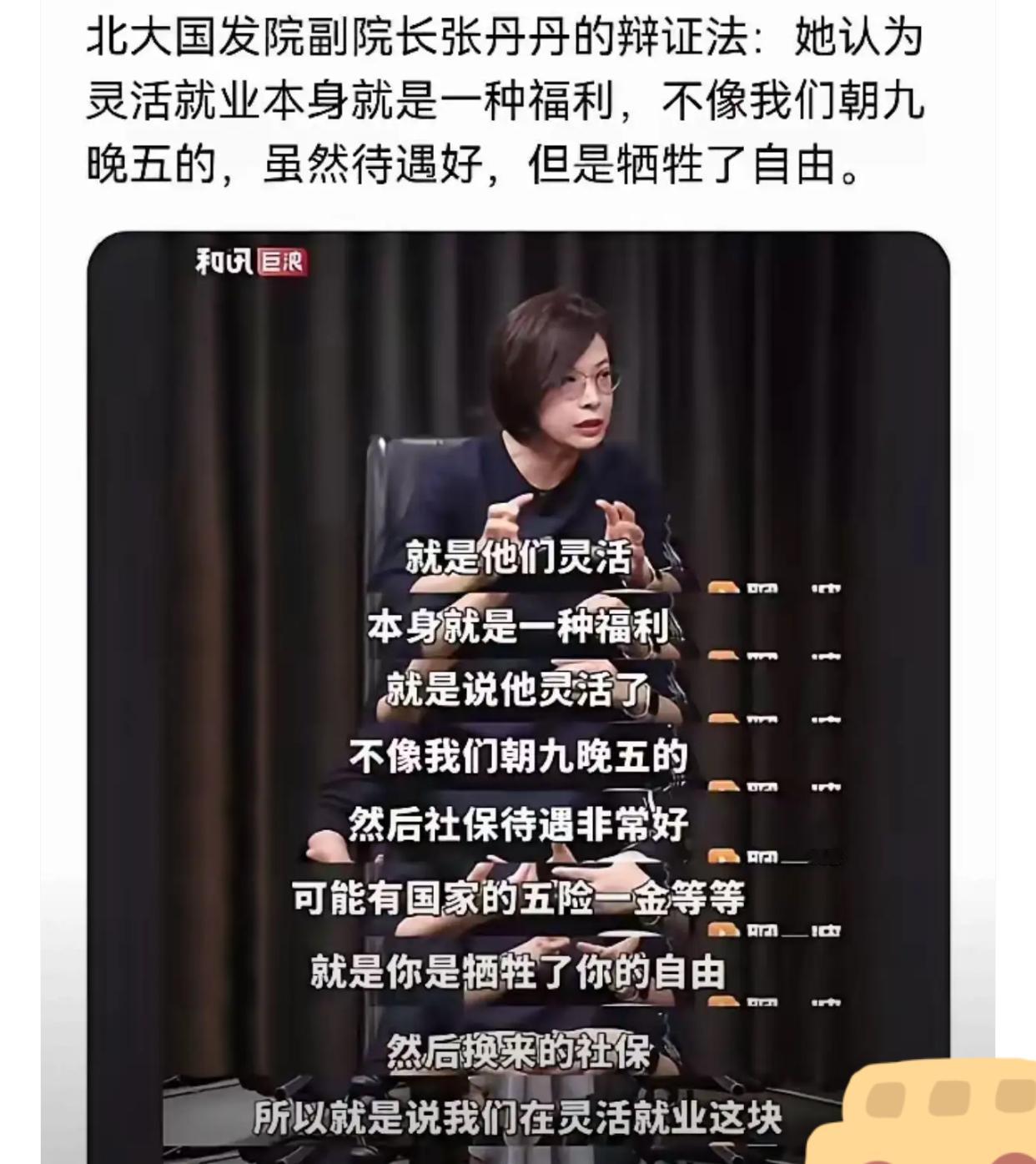 汤家凤评论北大国发院副院长张丹丹的话，既然你认为灵活就业那么好，朝九晚五那么不自