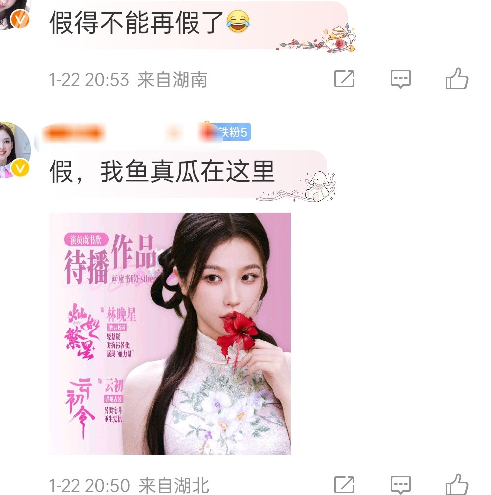 网传虞书欣的下个饼，不过看到粉丝都在打假，那我信粉丝的