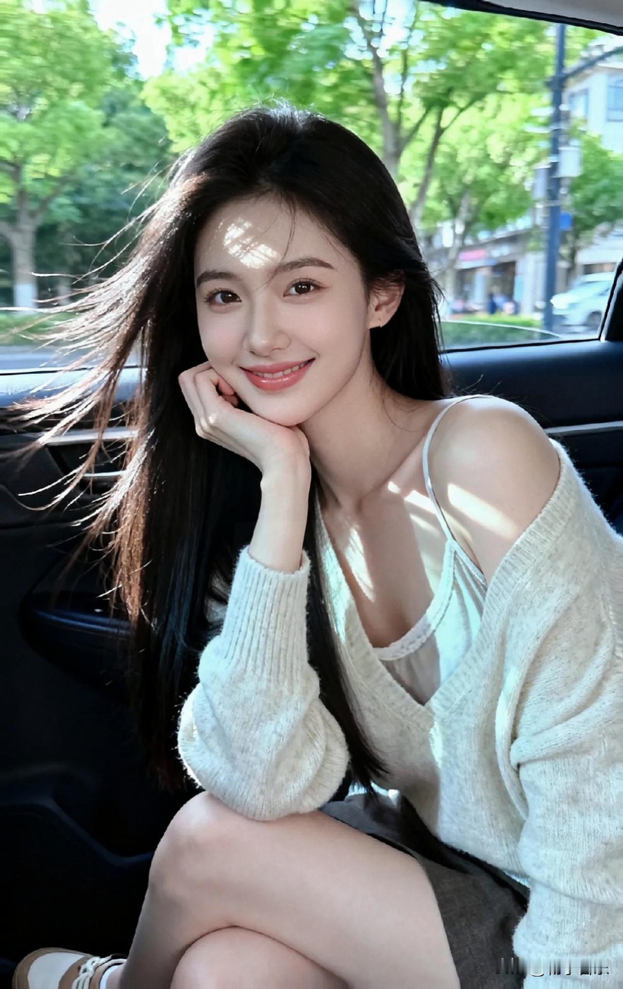 阳光洒进车窗，小姐姐微笑着看着窗外，笑容甜美，气质迷人～发一张你眼中最美的微笑照