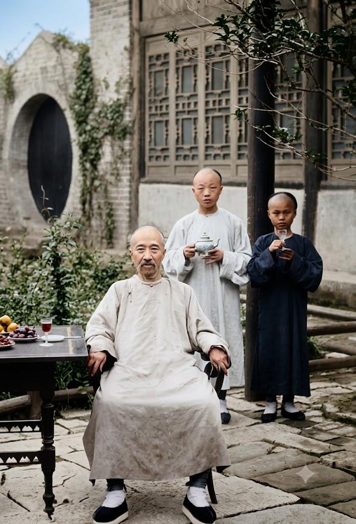 1907年，北京张府，照片里，坐着的是晚清重臣张之洞——他留着长须（因此被称为“