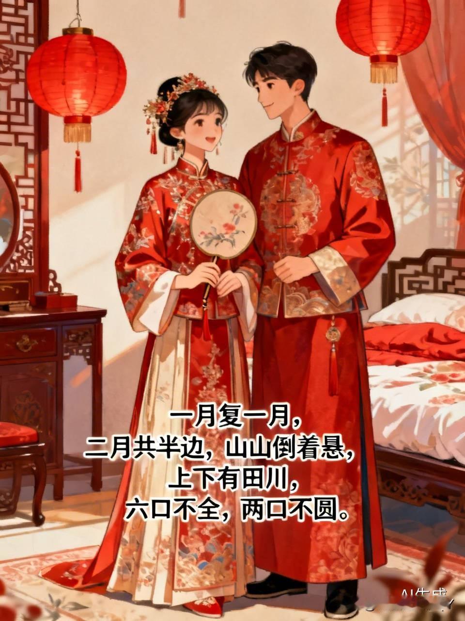 新婚趣事在洞房里，新娘突发奇想，打算给老公来个“下马威”。新娘说：“我出个字