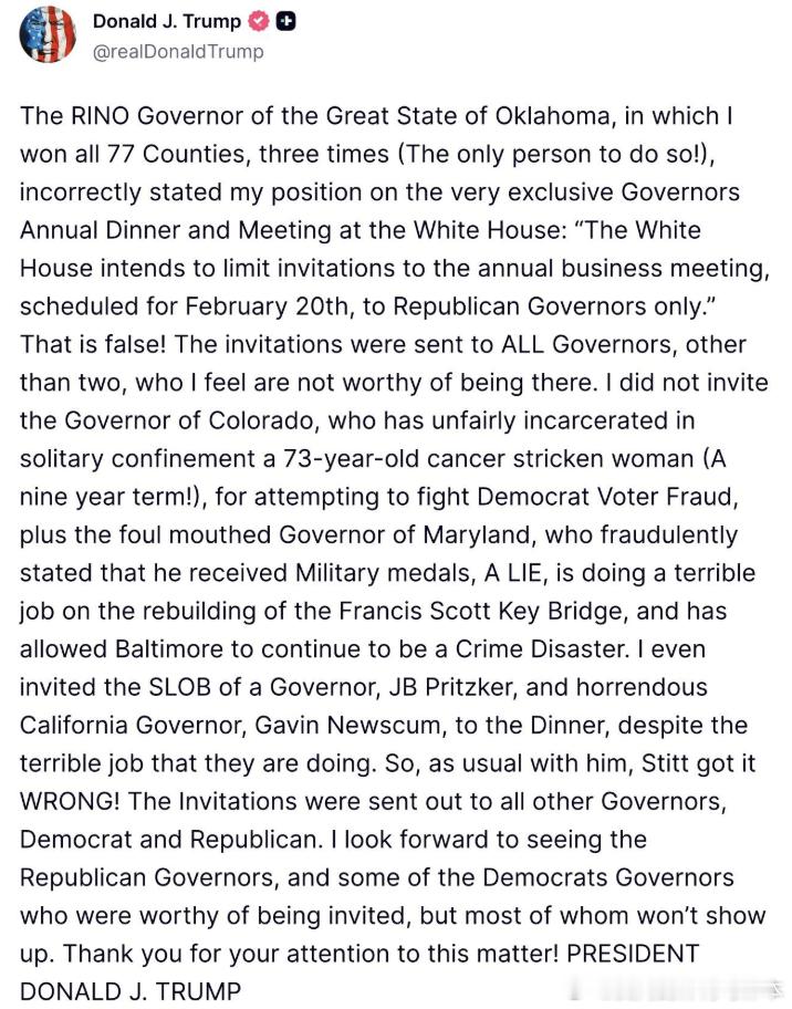 【黄金时代】川普总统猛烈抨击“俄克拉荷马州共和党籍州长”凯文·斯蒂特，指责他声称