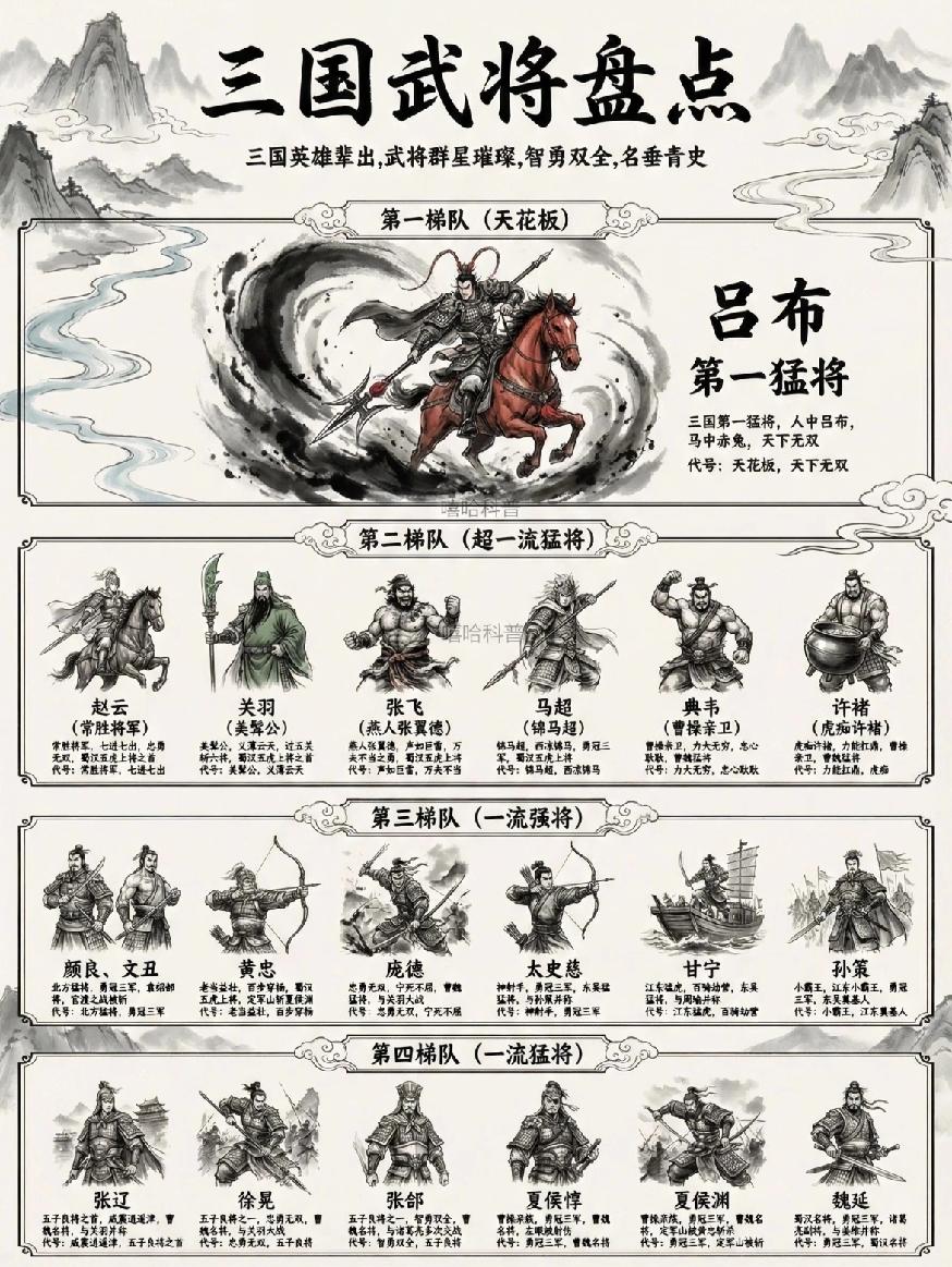 给大家整理了一份三国猛将的实力梯队，一看就懂！第一档是吕布，妥妥的三国第一猛人
