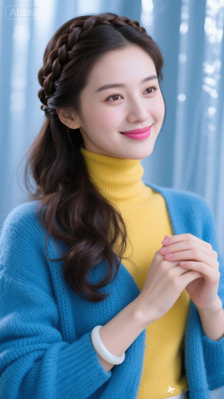 温柔甜美的编发造型，搭配亮黄色高领毛衣和蓝色针织开衫，尽显冬日温暖与时尚。