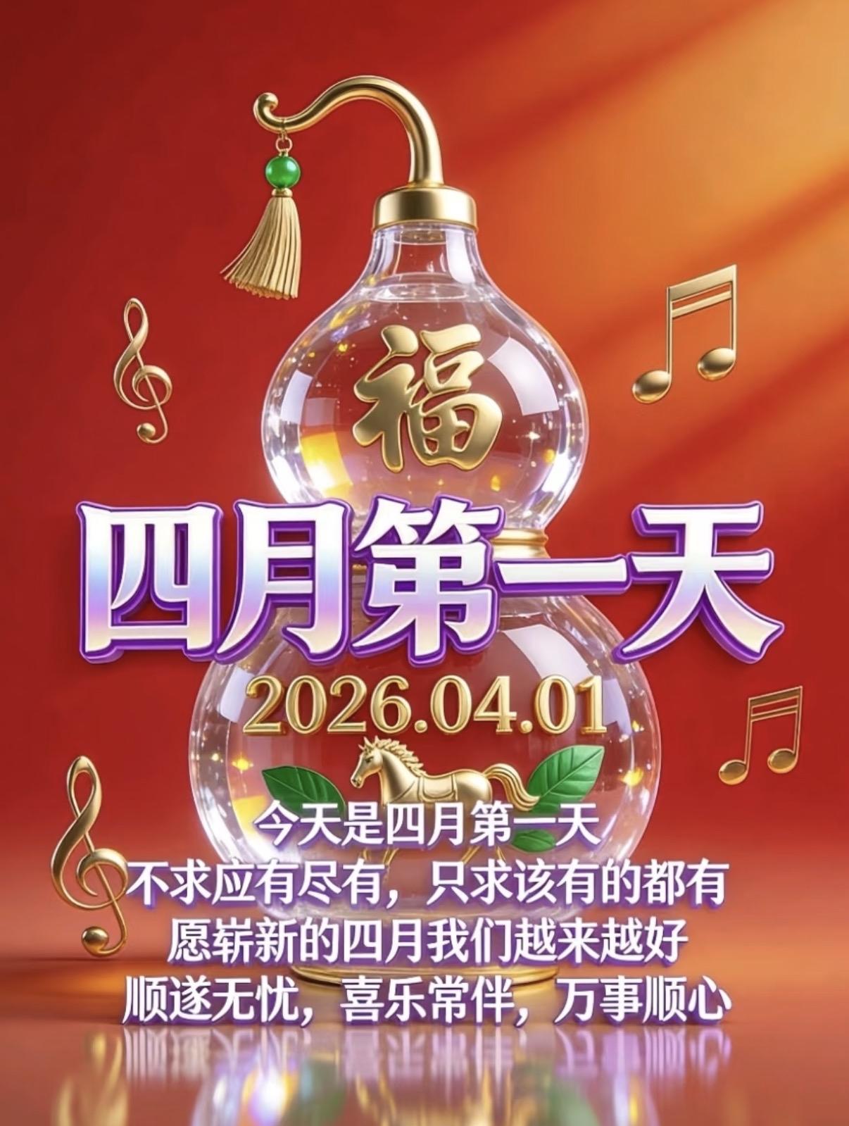 四月第一天，把福气刻进日子里。四月新生，福运开篇！葫芦盛光，金马踏歌一