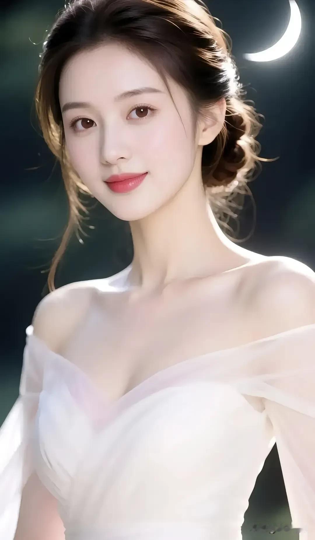 🌙薄纱白裙裁着月色，鬓边碎发缠着晚风，在温柔的夜色里，成为自己的月亮。温柔