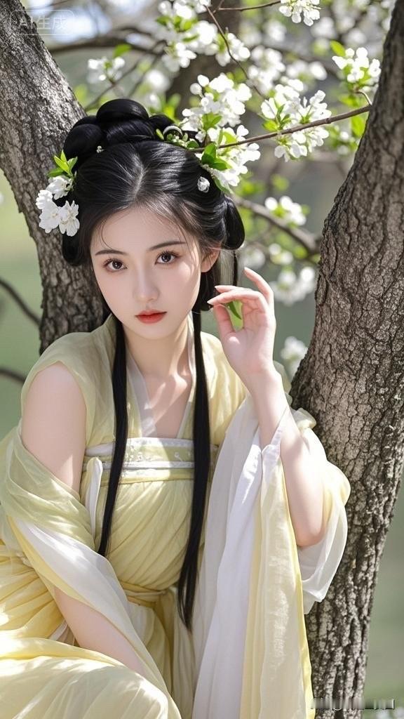 樱花树下，古典美人，一袭黄衣，宛如画中仙。