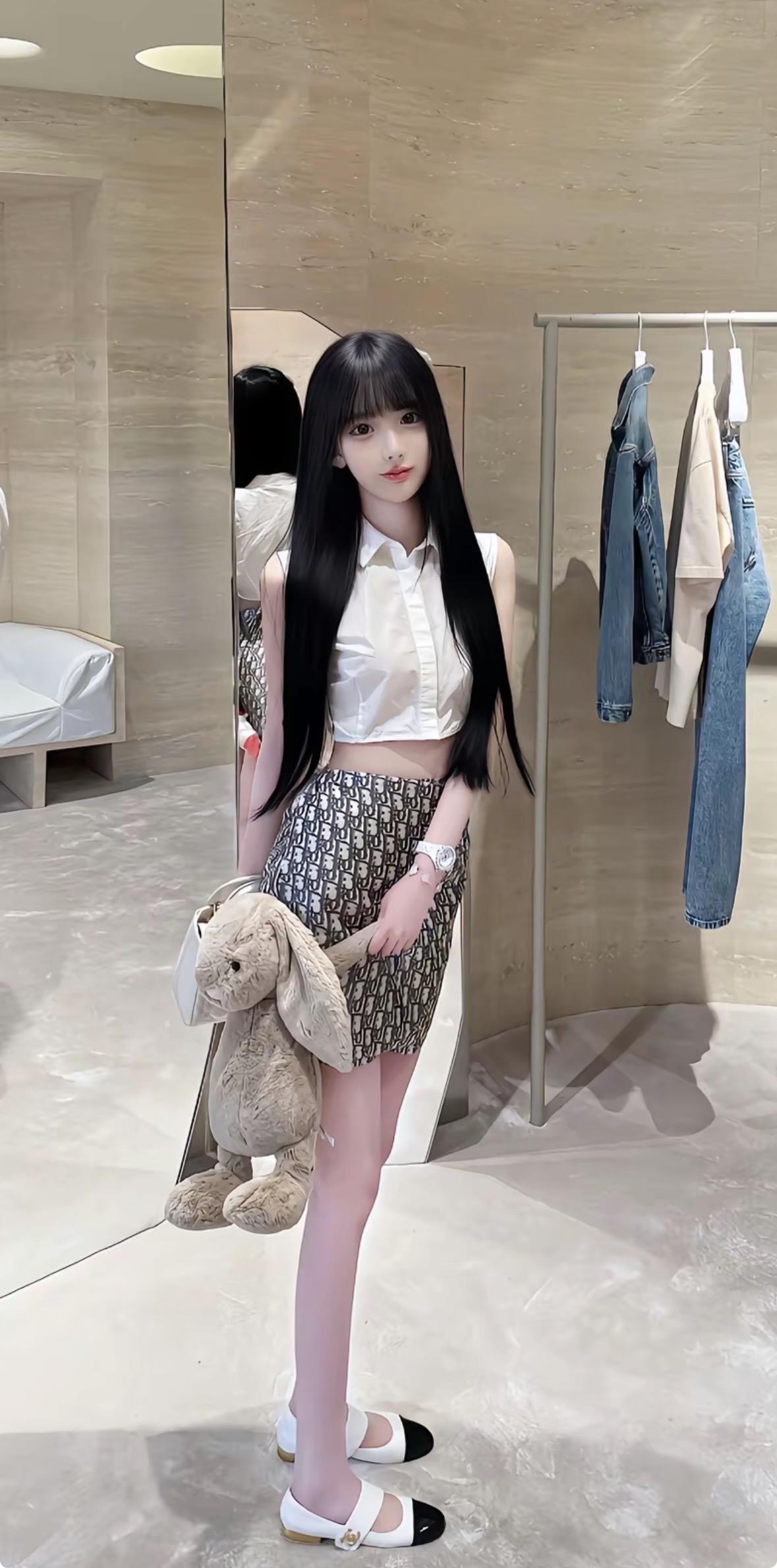 甜美少女风穿搭，白色衬衫+印花短裙，搭配可爱兔子包，少女心满满！💕👗👠🐰