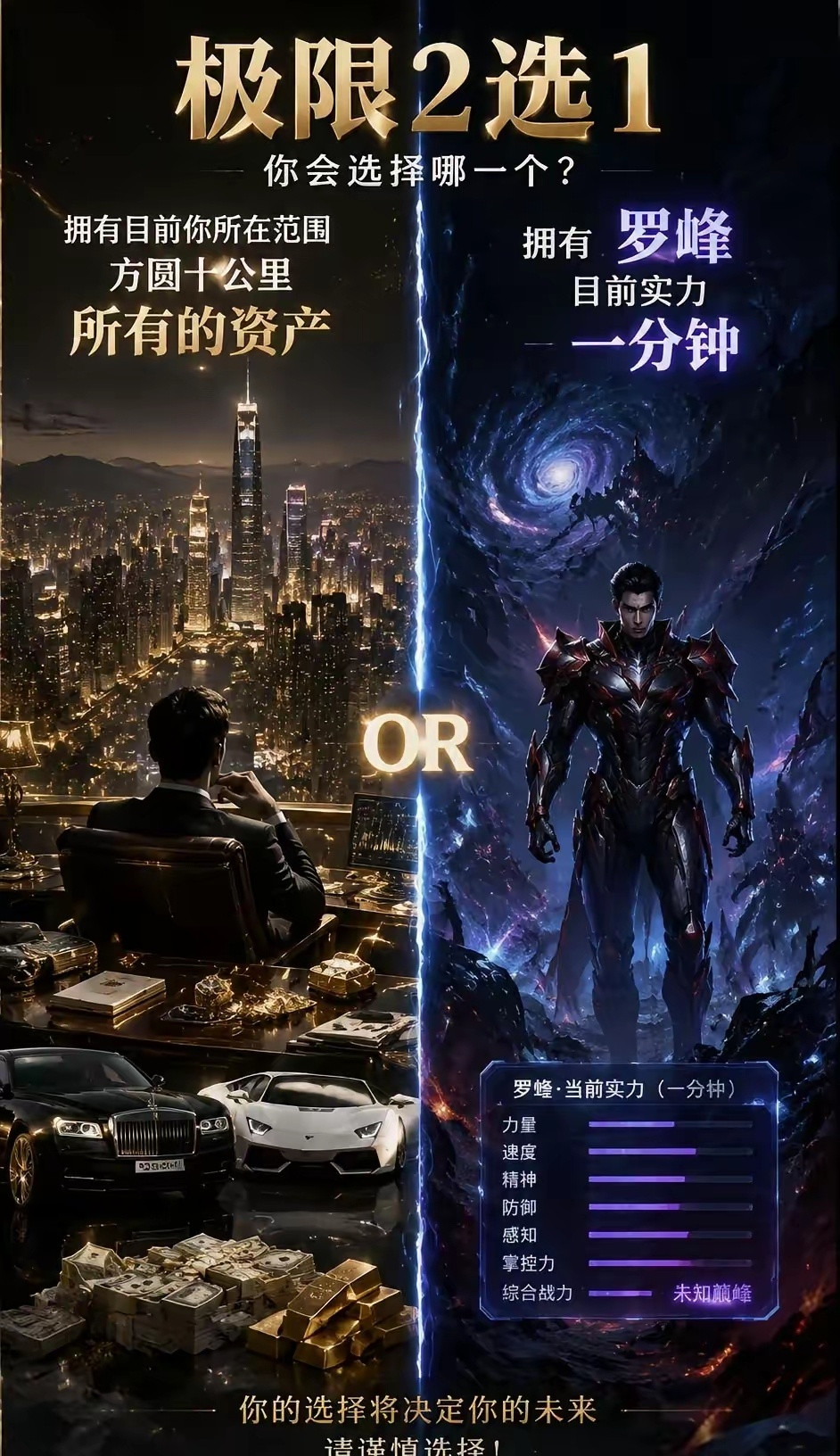 极限二选一，拥有目前你所在位置方圆十公里所有资产，罗峰一分钟的实力，你如何选？