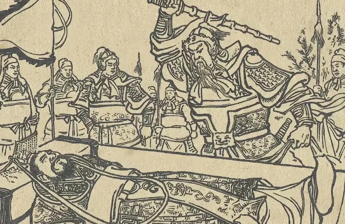 图中大将为了报血海深仇，把一代人王帝君的尸体从土里刨了出来，他为了解恨对着尸体抽