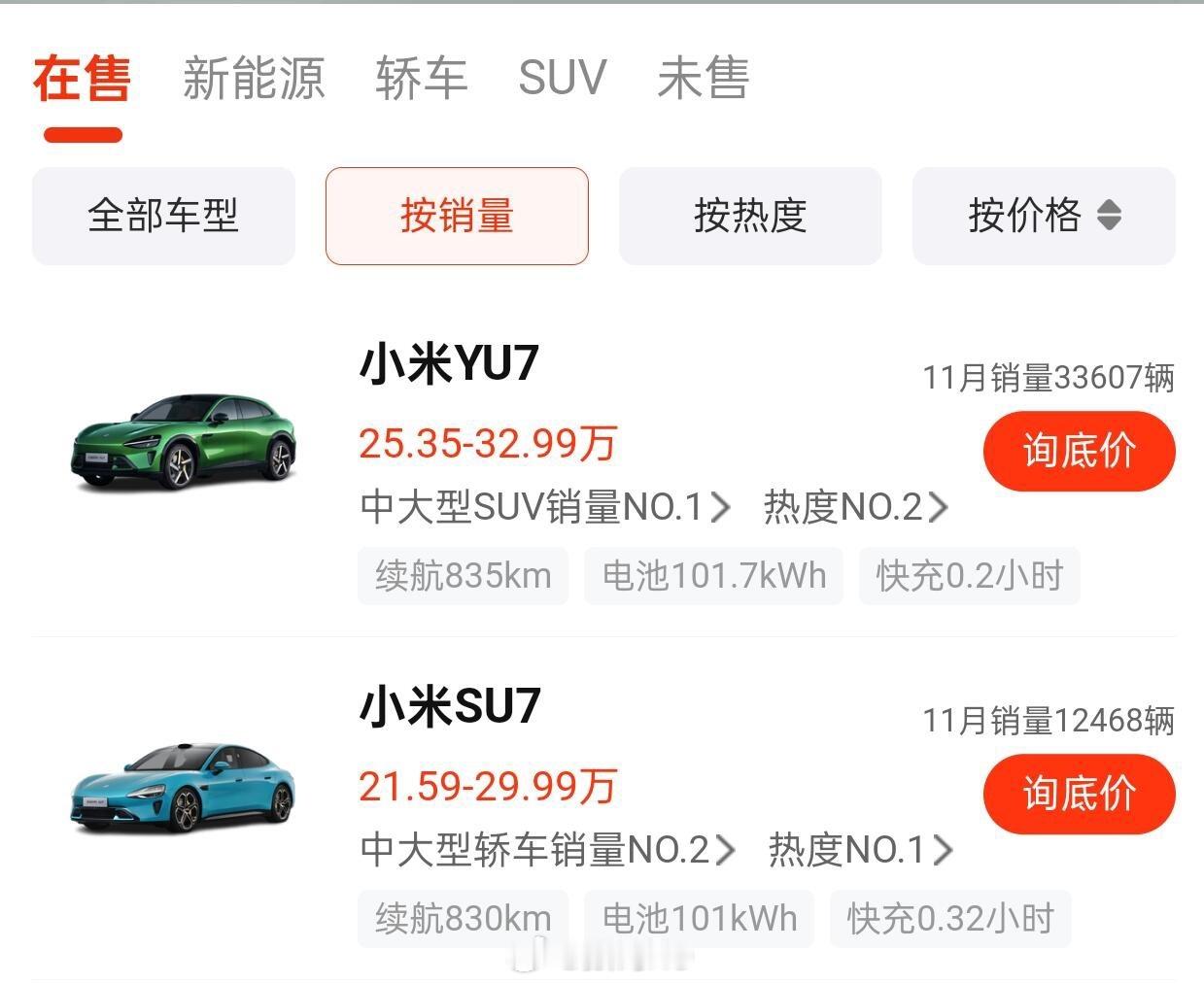 小米YU7连续两个月交付破三万，11月小米YU733607辆，中大型SUV销量