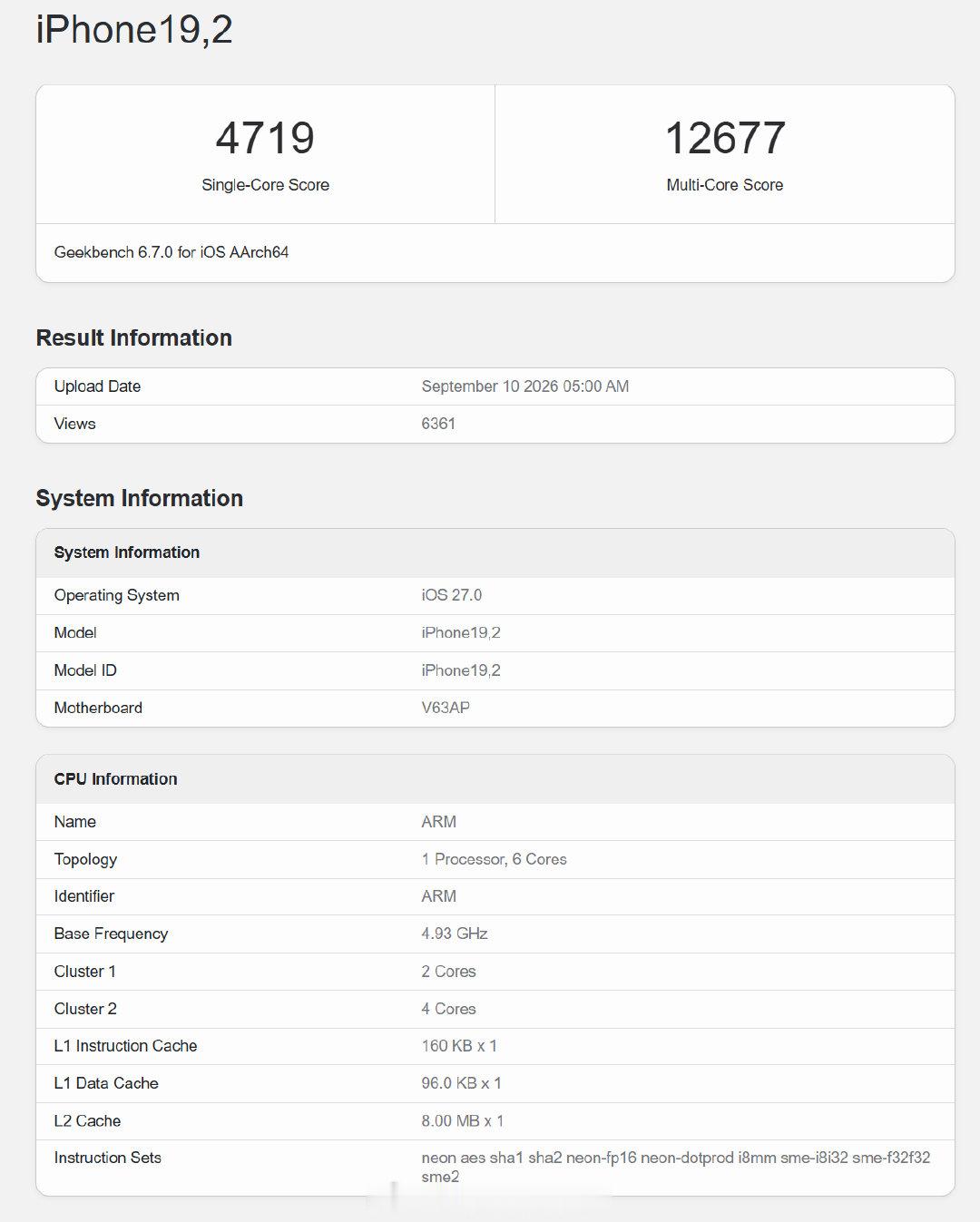 A20Pro的Geekbench6第一批数据已经出来，单核性能已经达到4700，多核性能超过1200