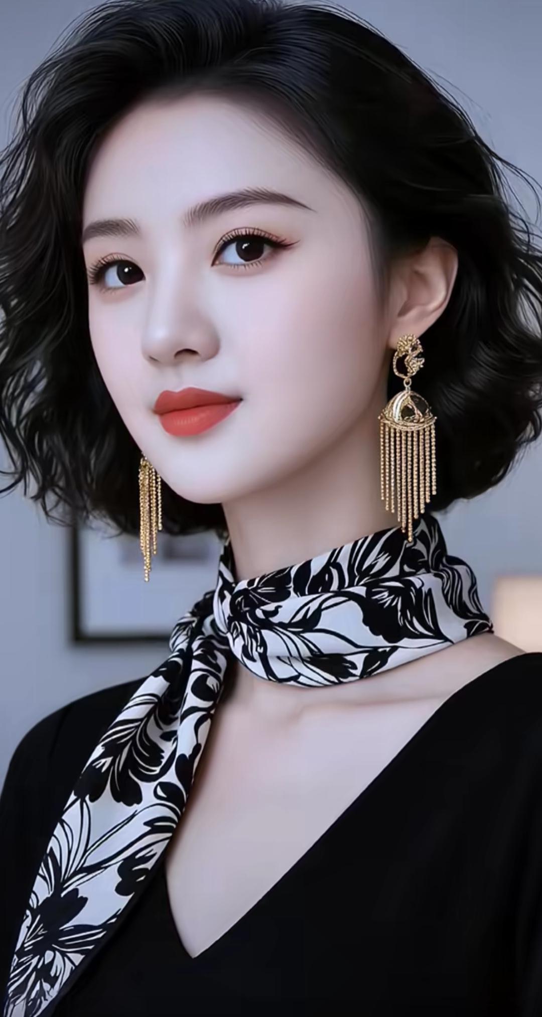 优雅黑丝巾，复古耳环，气质满分！高雅气质美女美女人像群