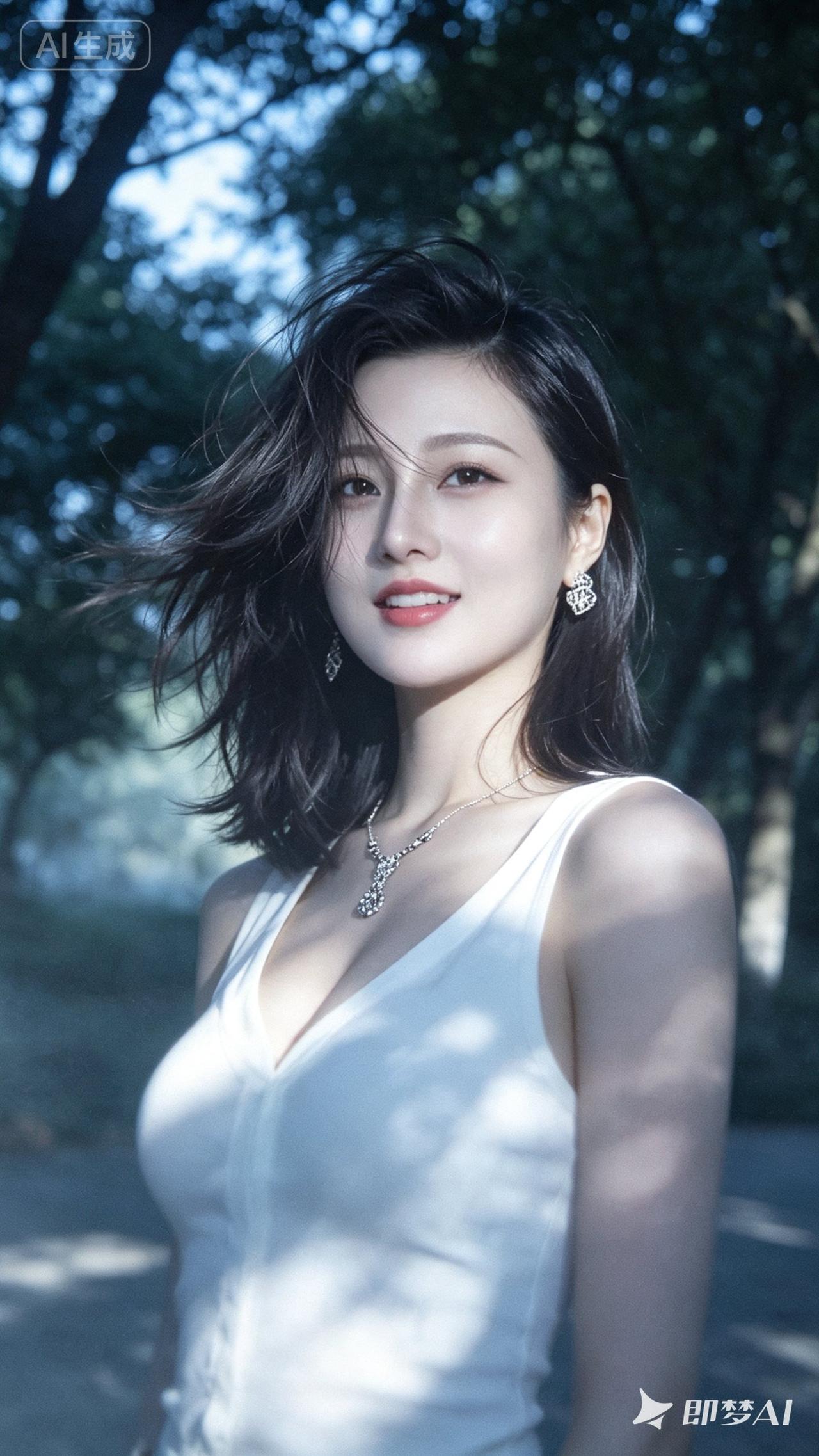 夏日清新风，白裙飘飘，自然光下绽放迷人微笑。1