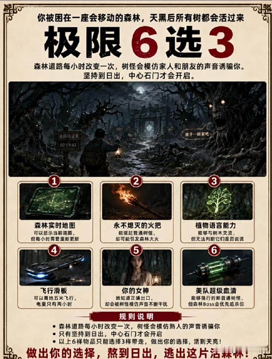 假如你被困在一座会移动的森林里。天黑后所有的树都会活过来，森林道路每小时改变一