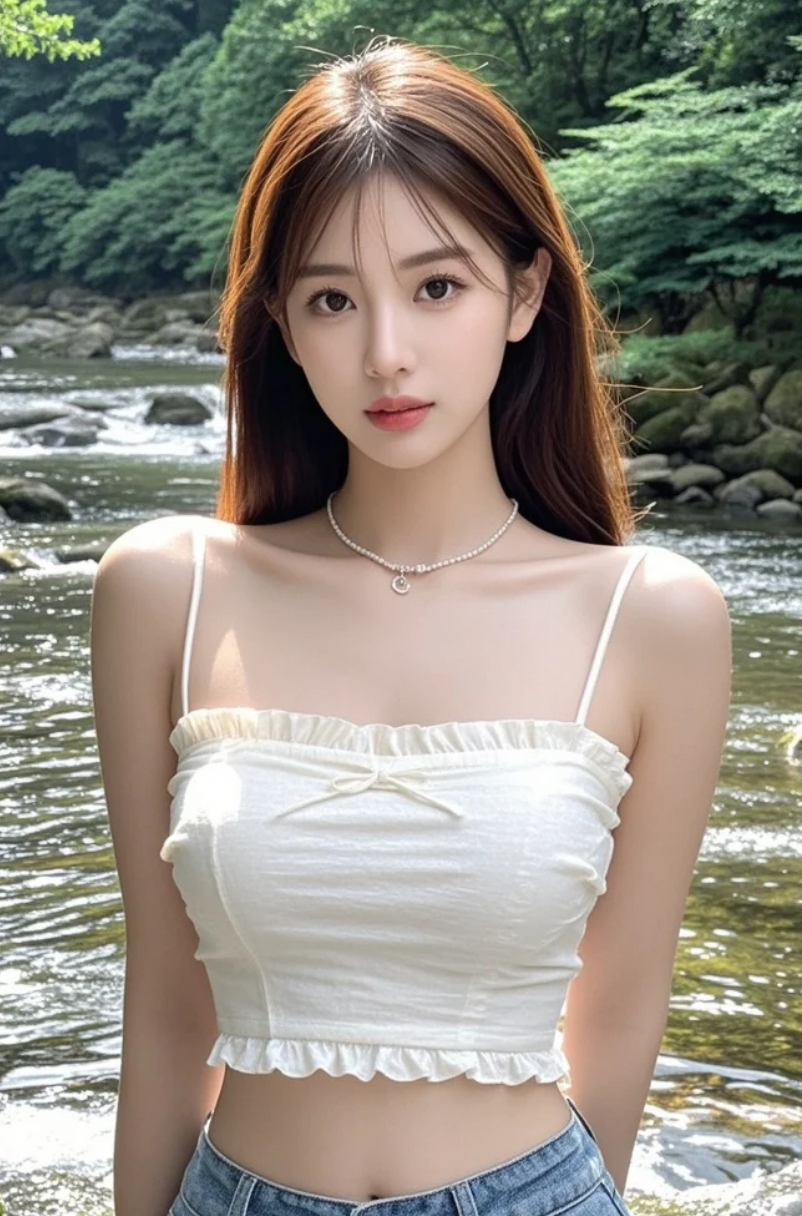 溪边、美女、美景，三者兼得！