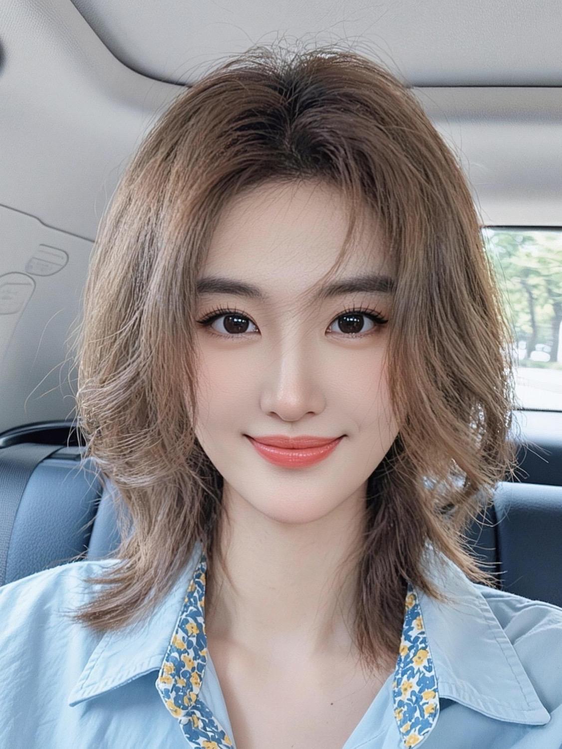 AI清新车内自拍随变ai随便玩短发控短发发型