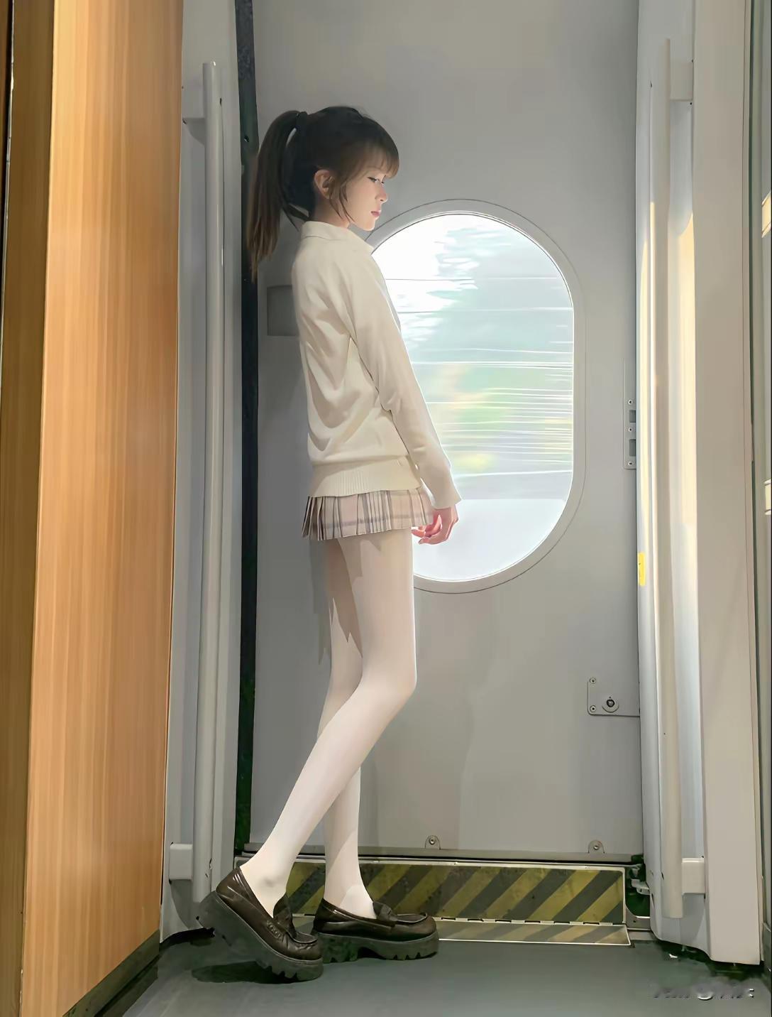 女孩在火车上靠着窗户看风景。