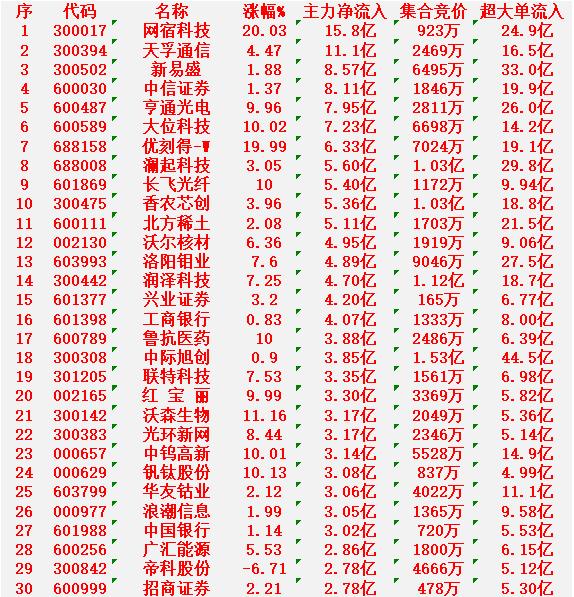 1月26日尾盘30分钟，主力资金“大幅抢筹的”30名单一览！网宿科技：净流入